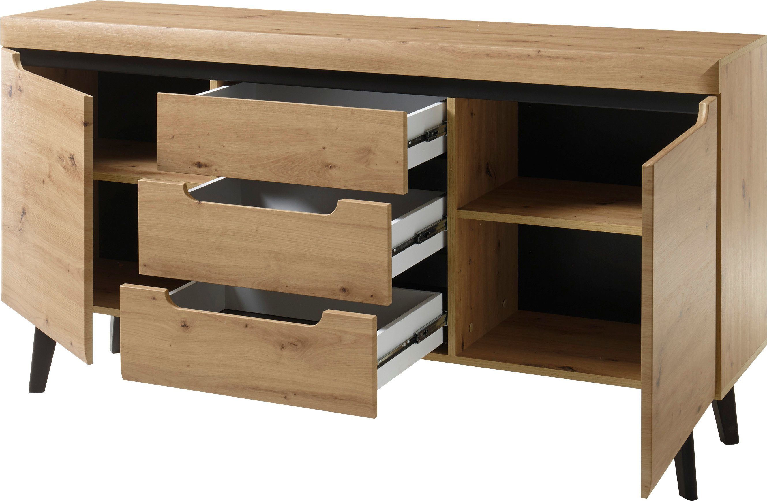 INOSIGN Dressoir Torge, dressoir, commode, ladekast afgeschuinde poten, drie kleuren, scandi design, 160 cm breed (1 stuk)