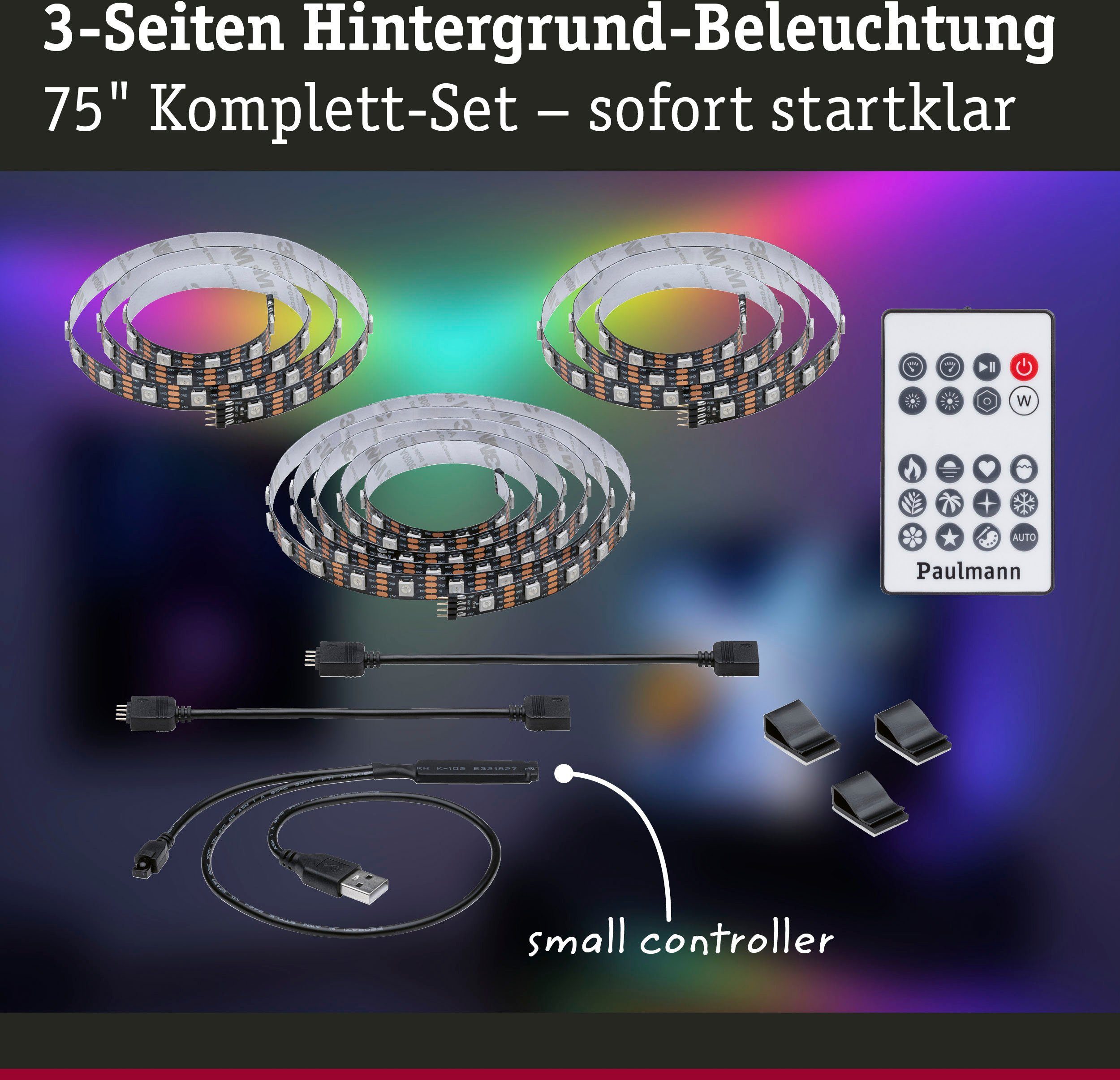 Paulmann Led-strepen USB LED Strip TV-Verlichting 75 Inch 3,1m Dynamic Rainbow RGB 5W (1 stuk)