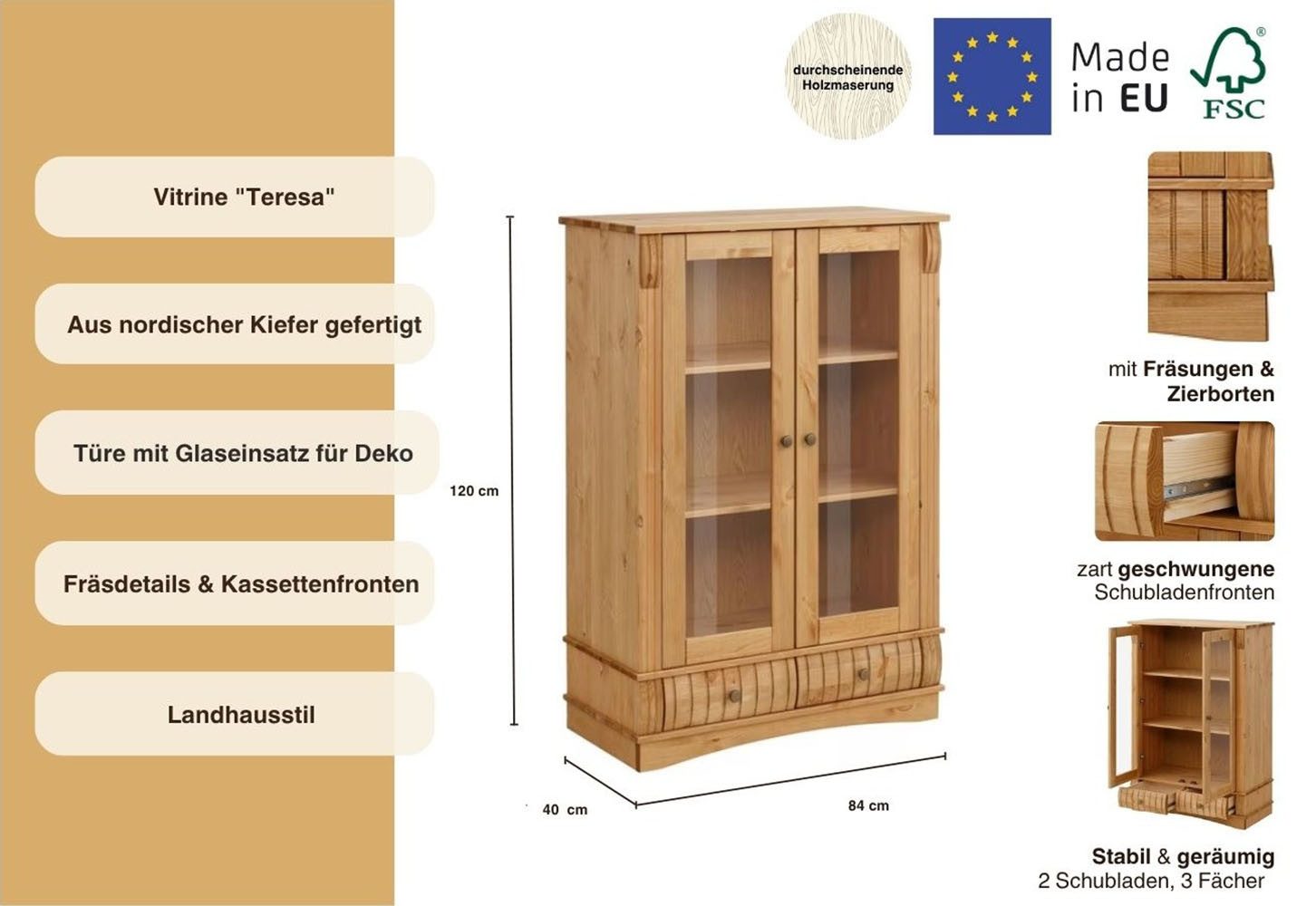 Home affaire Vitrinekast Teresa Highboard met glazen deuren met 2 glazen deuren en 2 lades, hoogte 120 cm, van massief hout