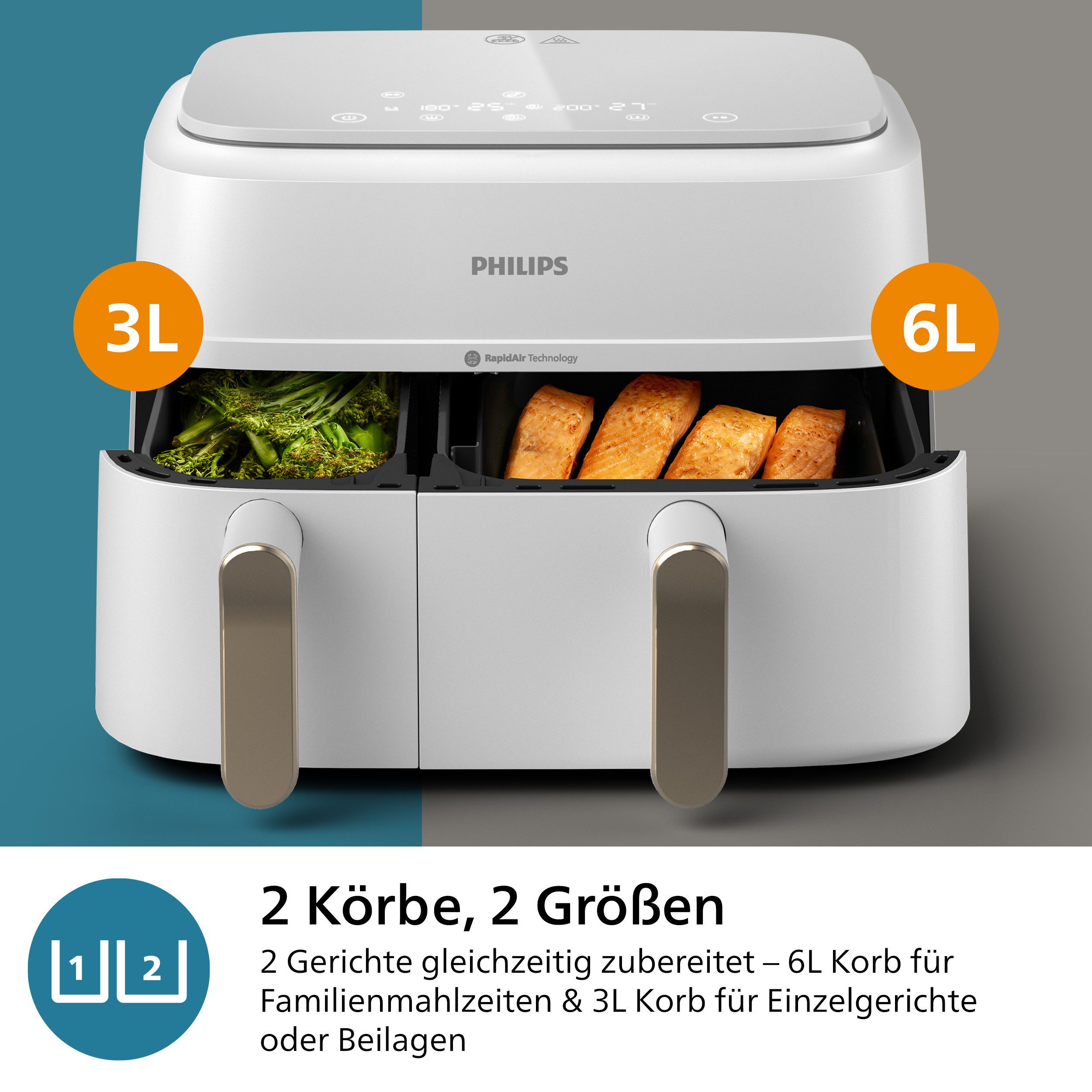 Philips Airfryer 3000 Dual Basket NA353/10, zwei Körbe mit 9L (3L+6L)