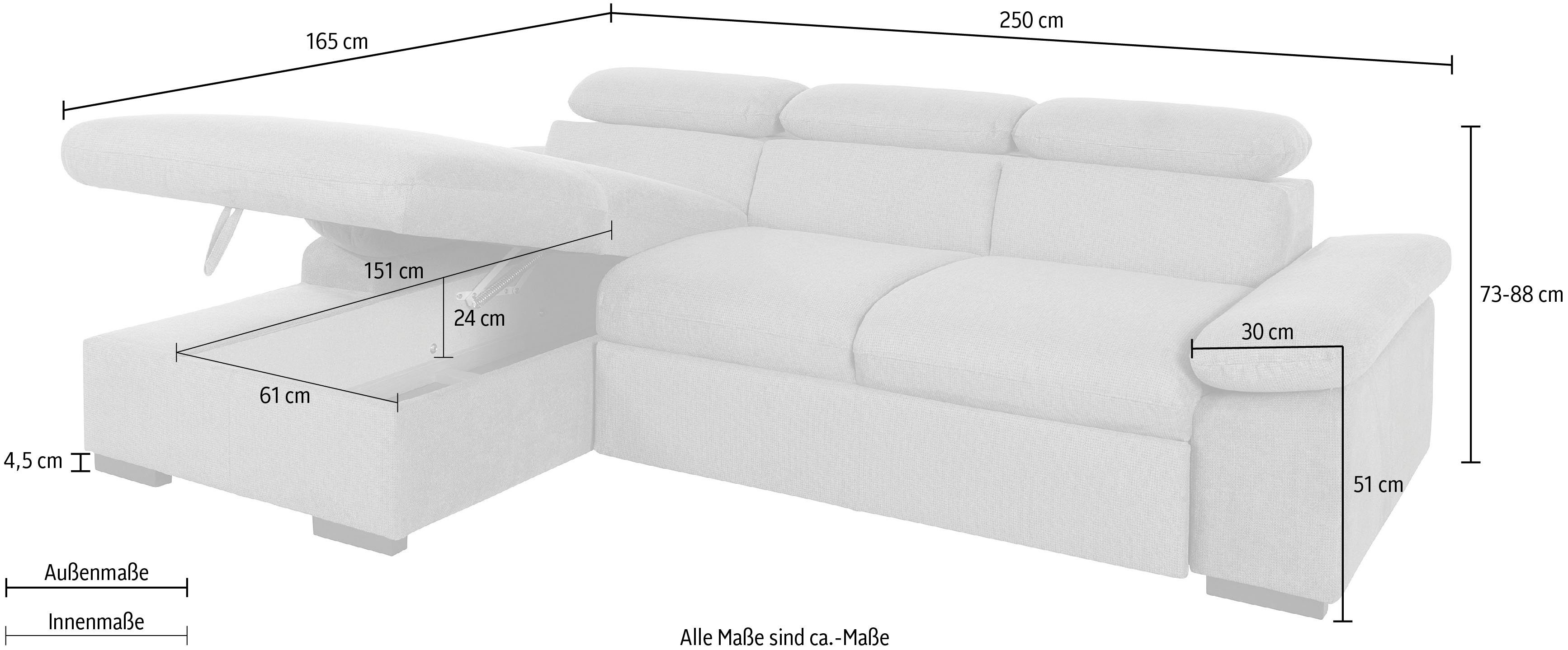 COTTA Hoekbank Lola L-vorm met hoofdeinde-functie & poef keuze met bedfunctie, bedlade & armleuningverstelling (set)