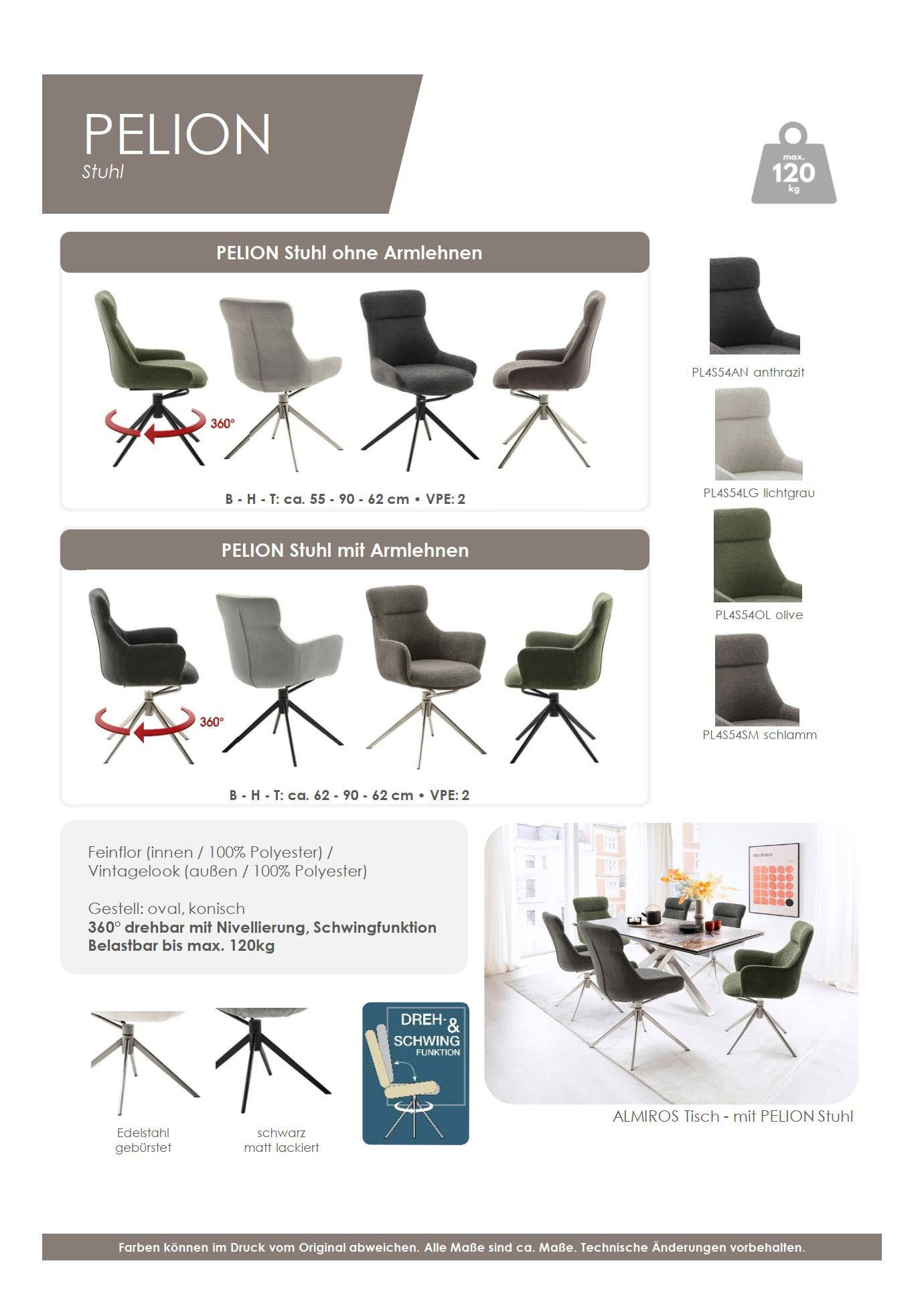 MCA furniture Eetkamerstoel Pelion (2-set), draaibaar 360°, draai- & schommelfunctie, zithoogte ca. 50 cm