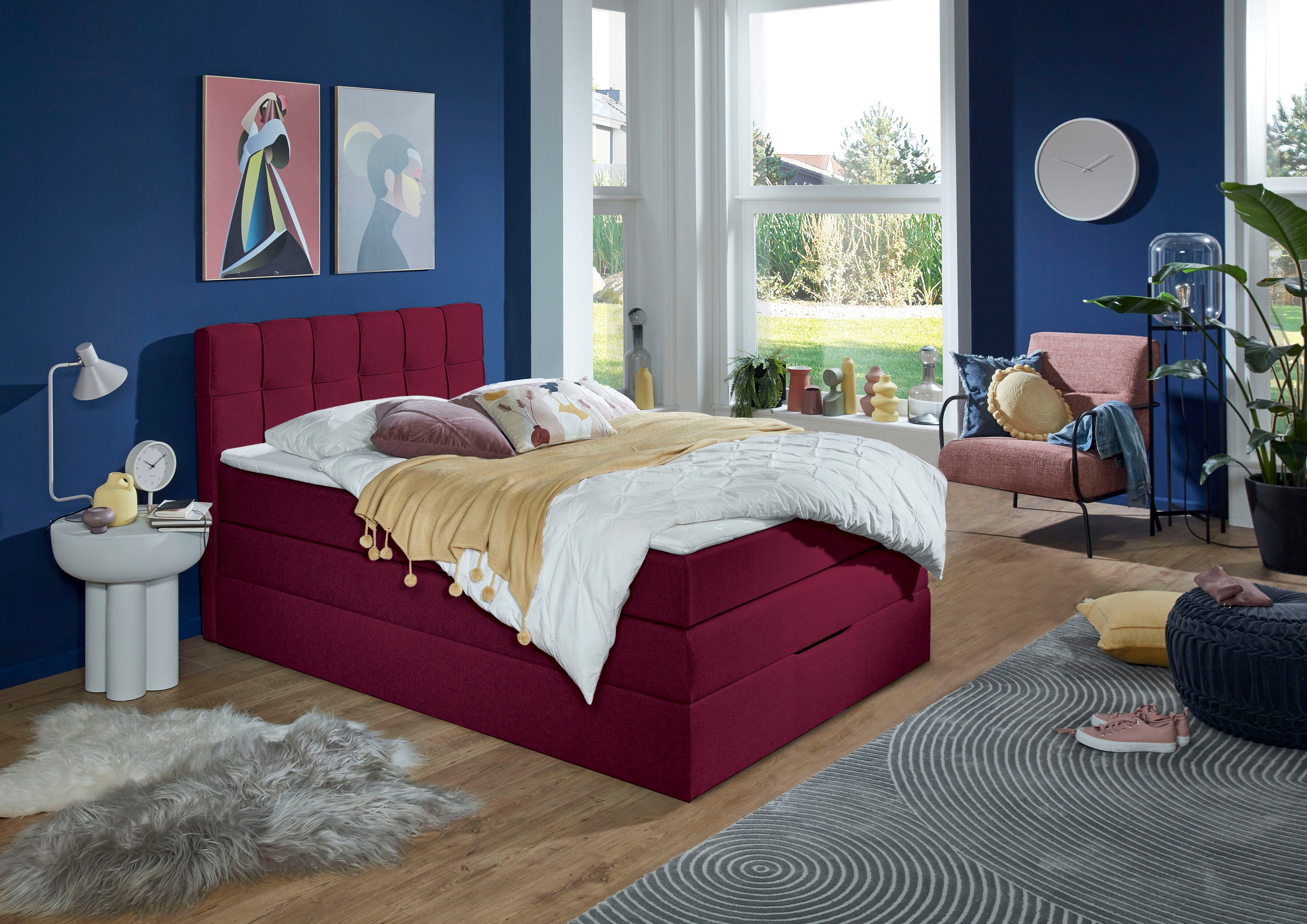 INOSIGN Boxspring Fornoli incl. topmatras en bedkist, h3 in twee matrassoorten boxsprings rood