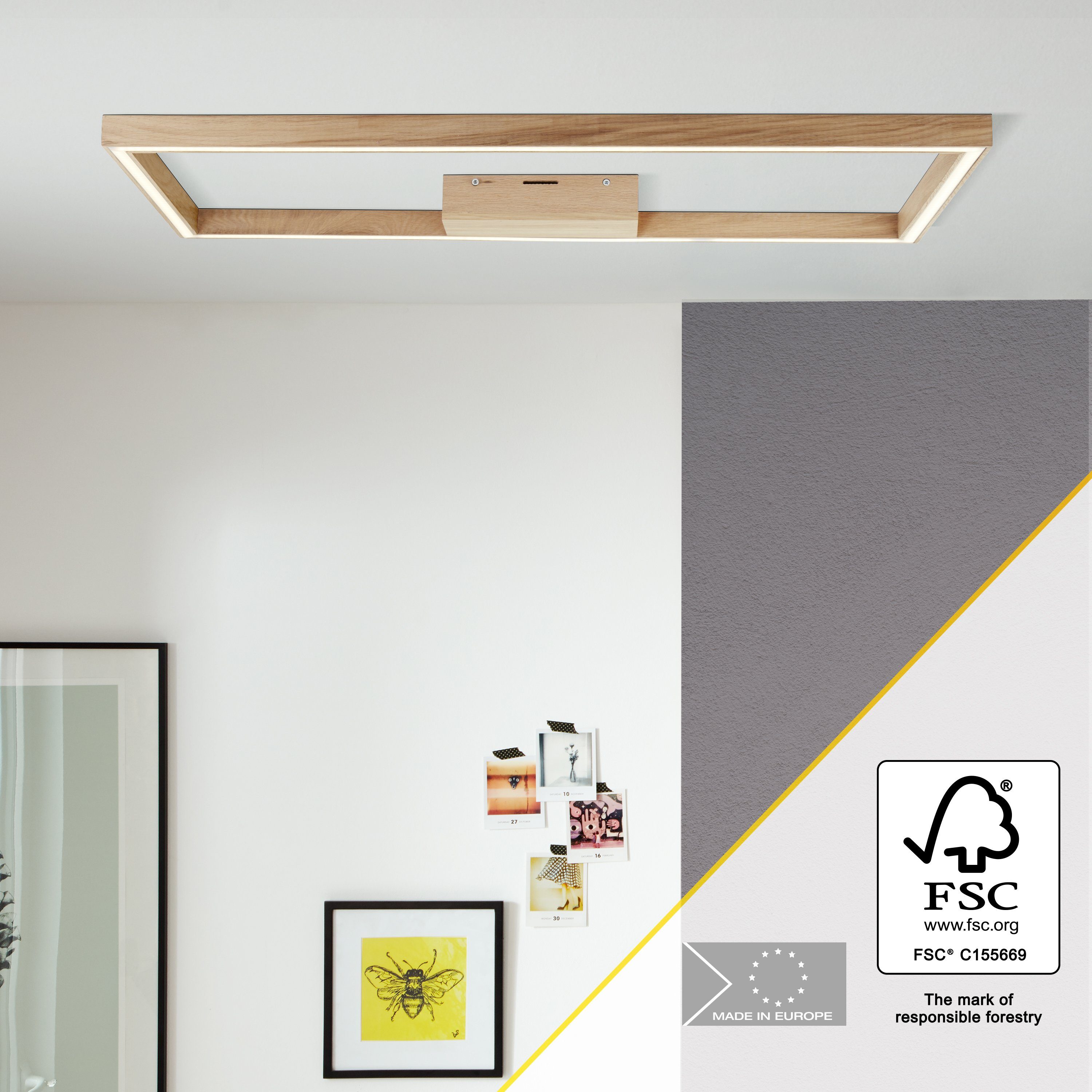 Brilliant Leuchten Led-plafondlamp Delgrosso 83 x 38 cm, 2600 lm, warmwit licht, hout/kunststof, geolied eiken (1 stuk)