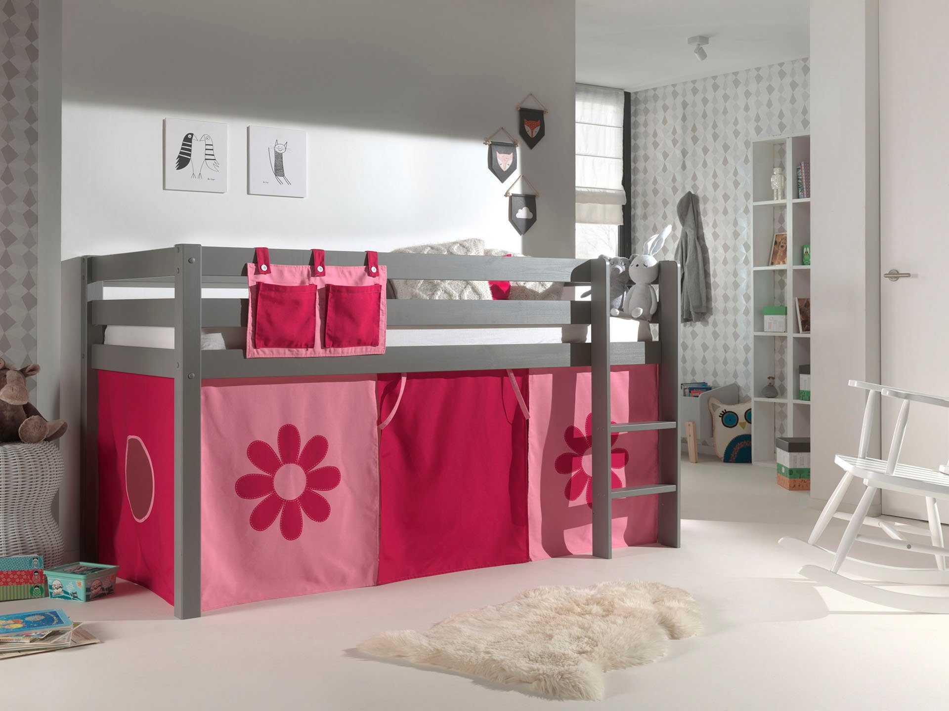 Vipack Hoogslaper PINO Massief hout, inclusief textielset "flower", inclusief lattenrol