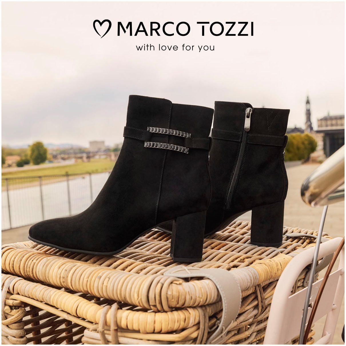 Marco Tozzi Laarsjes blokhak, ankleboots met modieuze decoratieve band en sierstenen