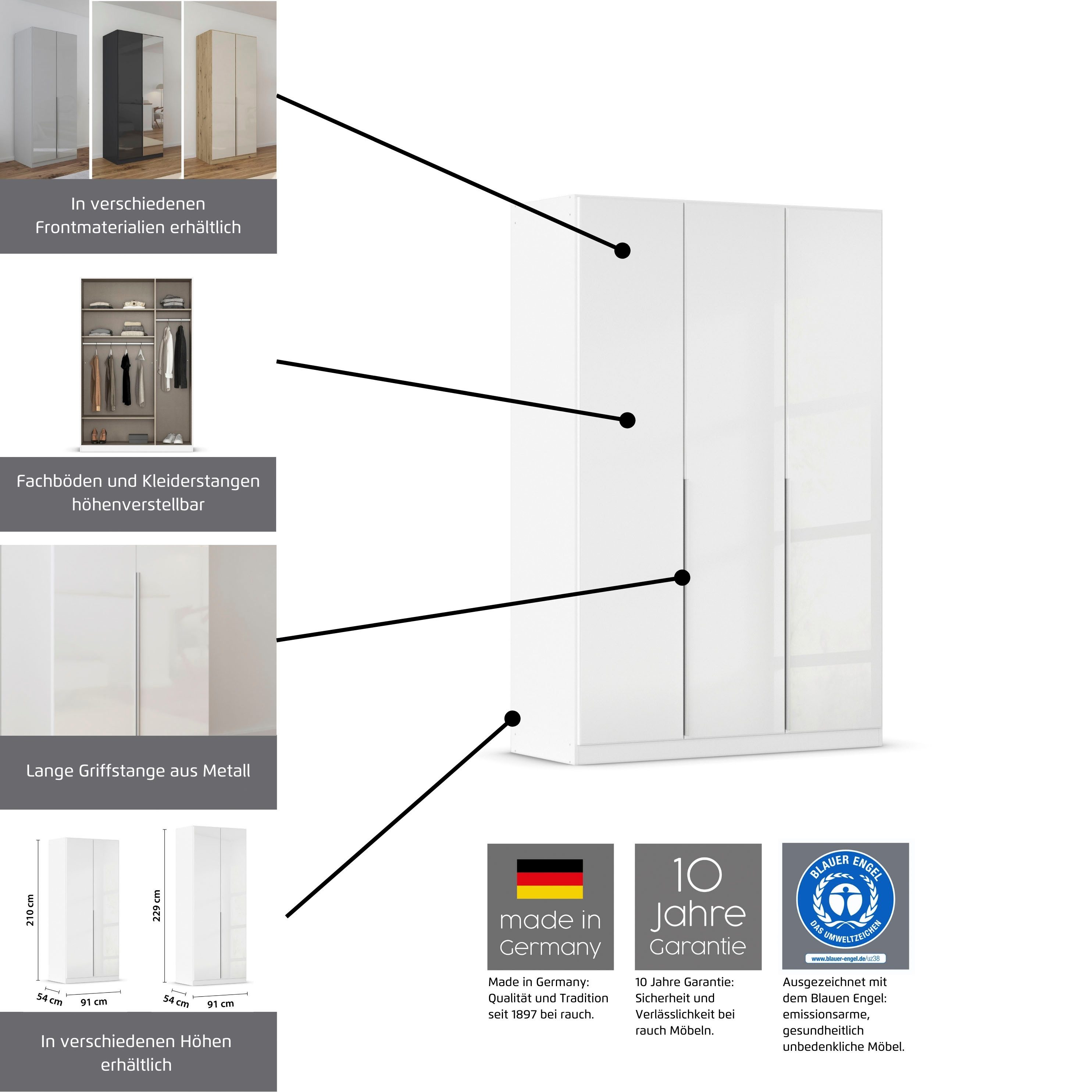 rauch Draaideurkast Kledingkast kast garderobe AGORDO met decor- of hoogglansfront doordachte binnenuitrusting, in 6 breedtes en 2 hoogtes made in germany