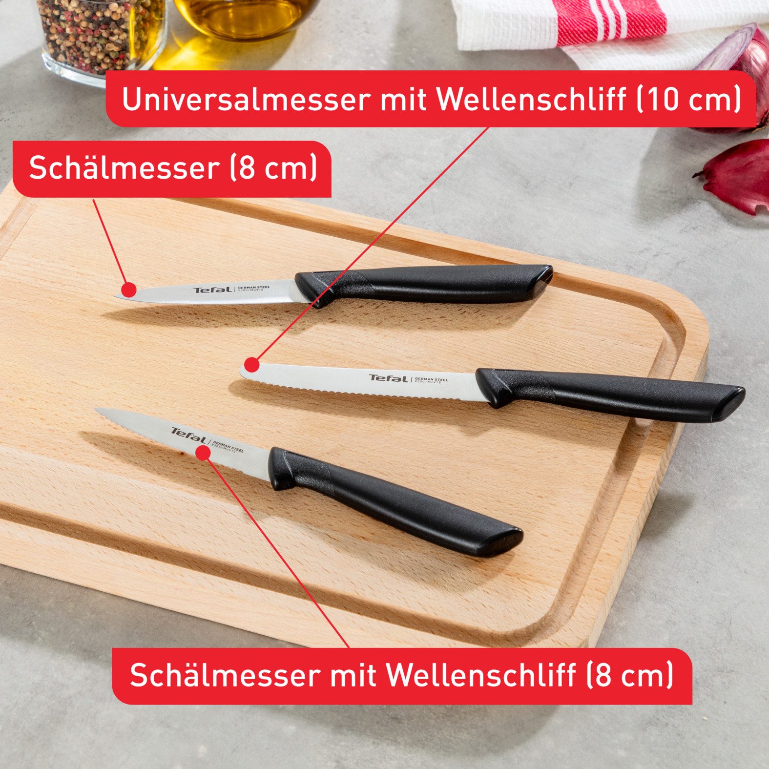 Tefal Messenset Colorfood voor alle dagelijkse voorbereidingen duits roestvrij staal, roestvrij, licht gestructureerde handgrepen, k2733s (set, 3-delig)