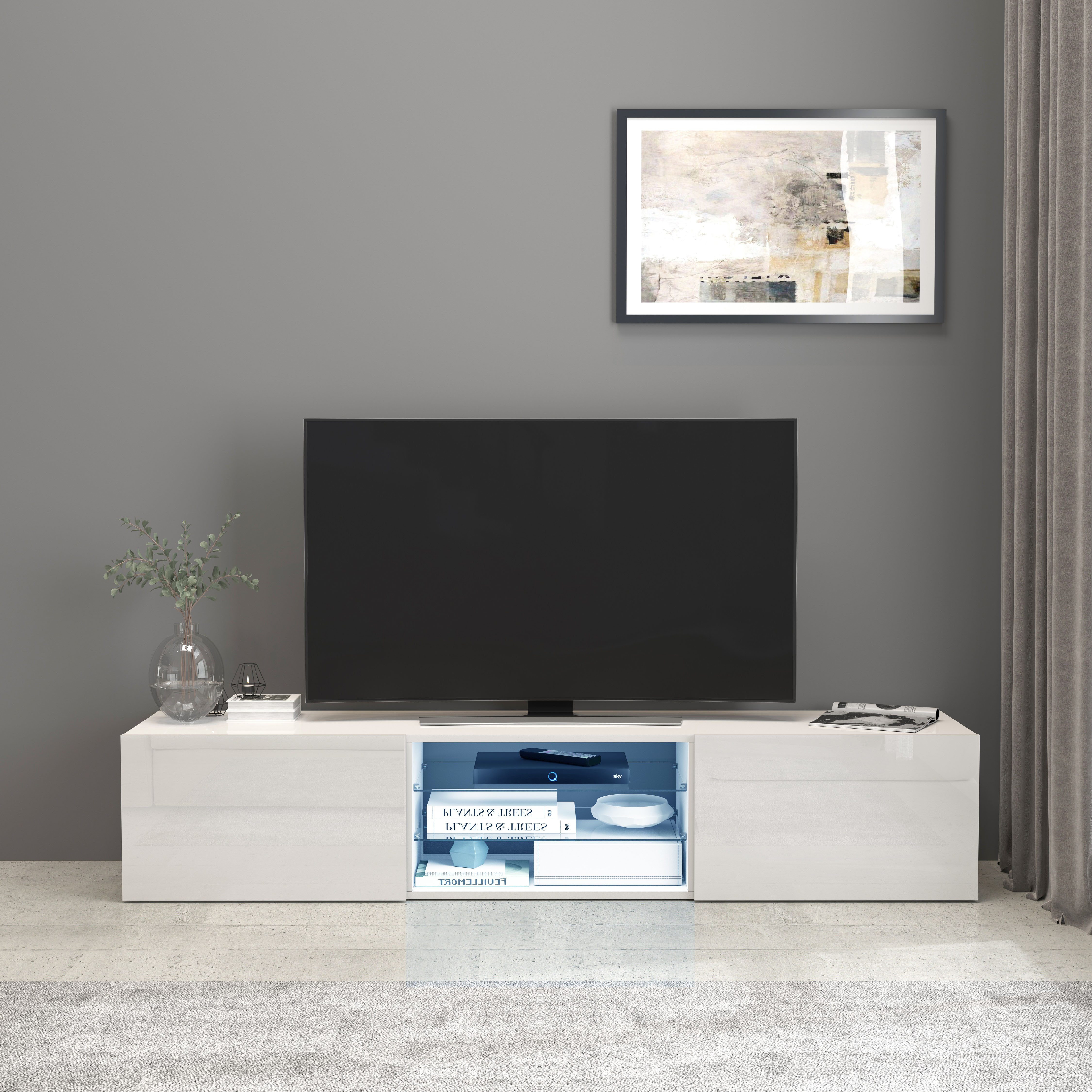 INOSIGN Tv-meubel Egypt, Lowboard, TV-ladekast, TV-meubel, TV-bank met 2 kleppen, 2 glazen planken, volledig hoogglans gelakt (b/d/h) 180x38x35 cm