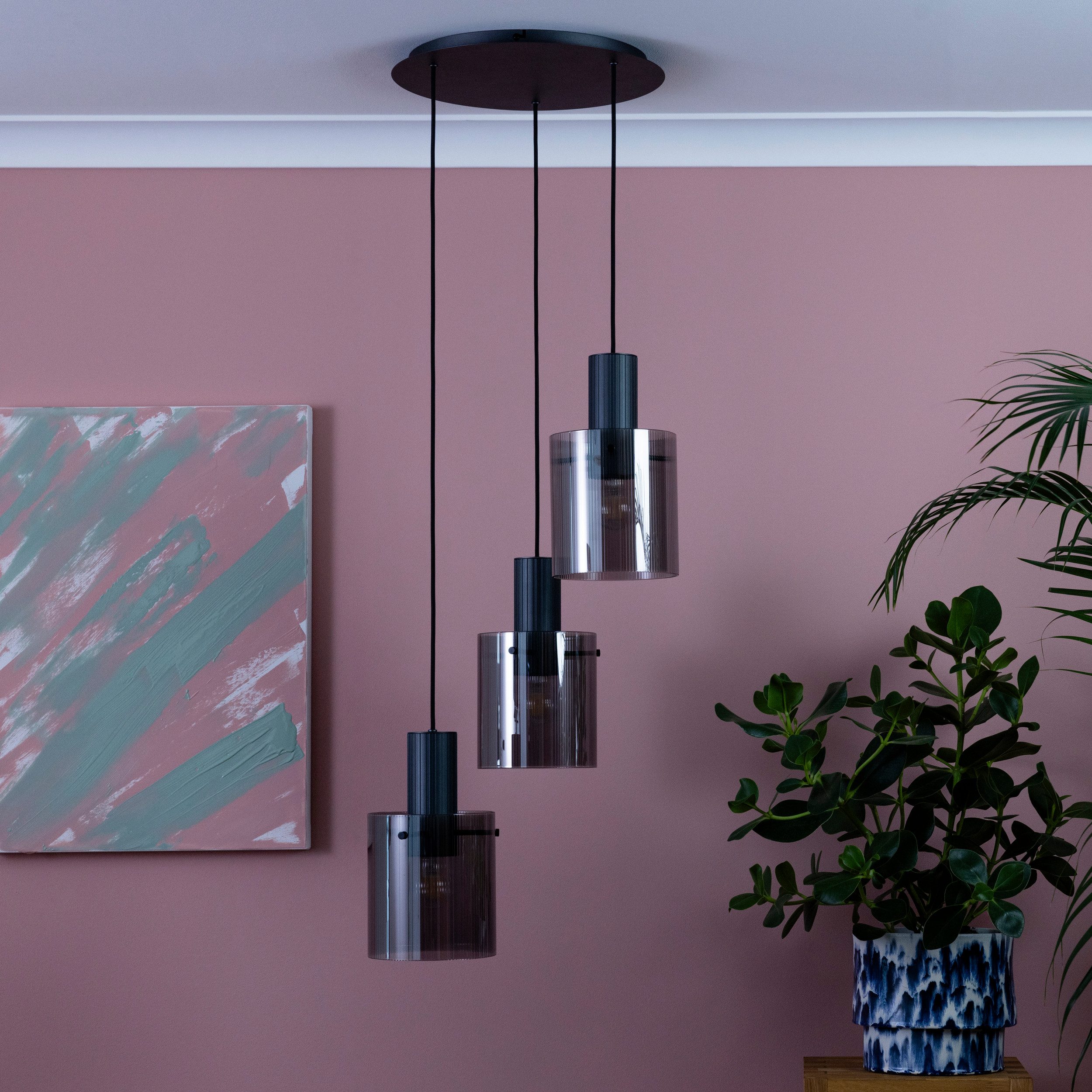 Brilliant Leuchten Hanglamp Riffelini 150 x 48 cm, 3x e27, inkortbaar, geribbeld rookglas, antraciet