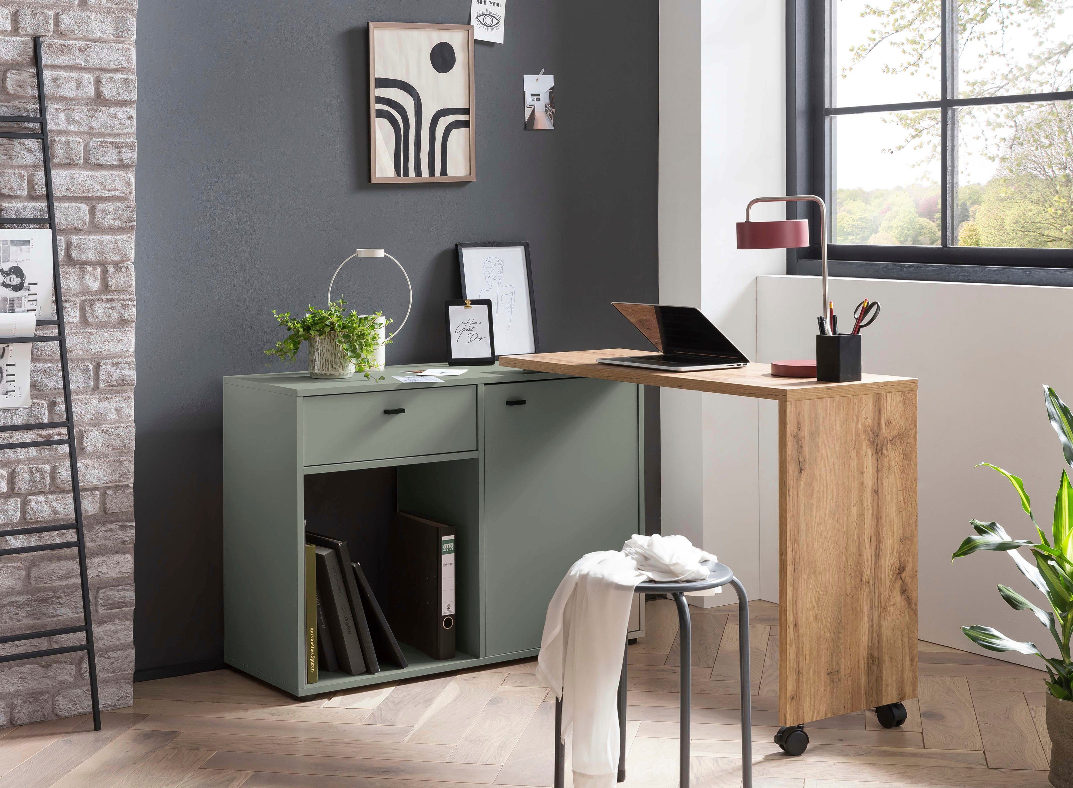Schildmeyer Bureau Tiny Working praktisch in het thuiskantoor, dressoir met flexibele werkblad bureaus groen