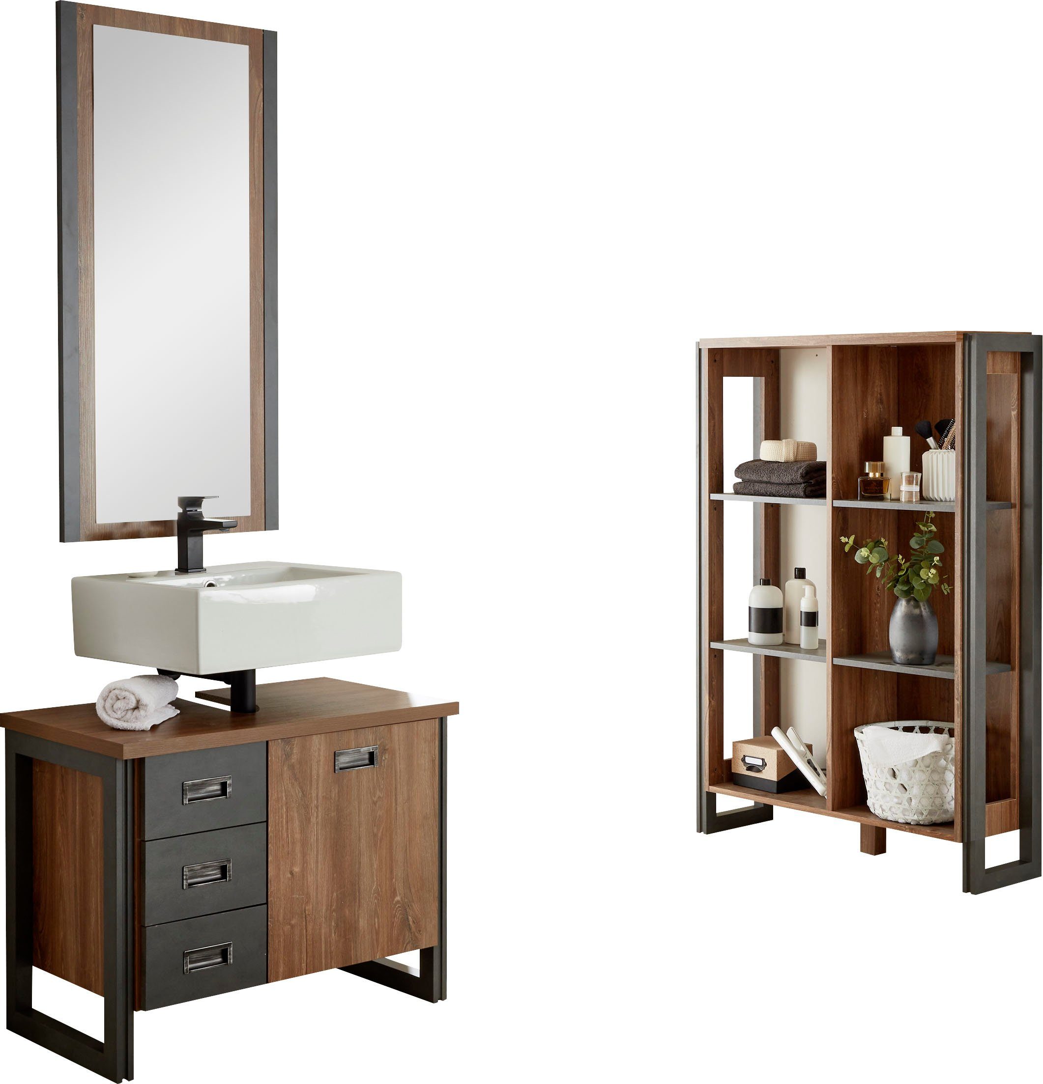 Home affaire Badkamerserie Detroit, Bad im Industrialdesign, 3-teiliges Badezimmer (set, 3-delig) badmeubelsets bruin