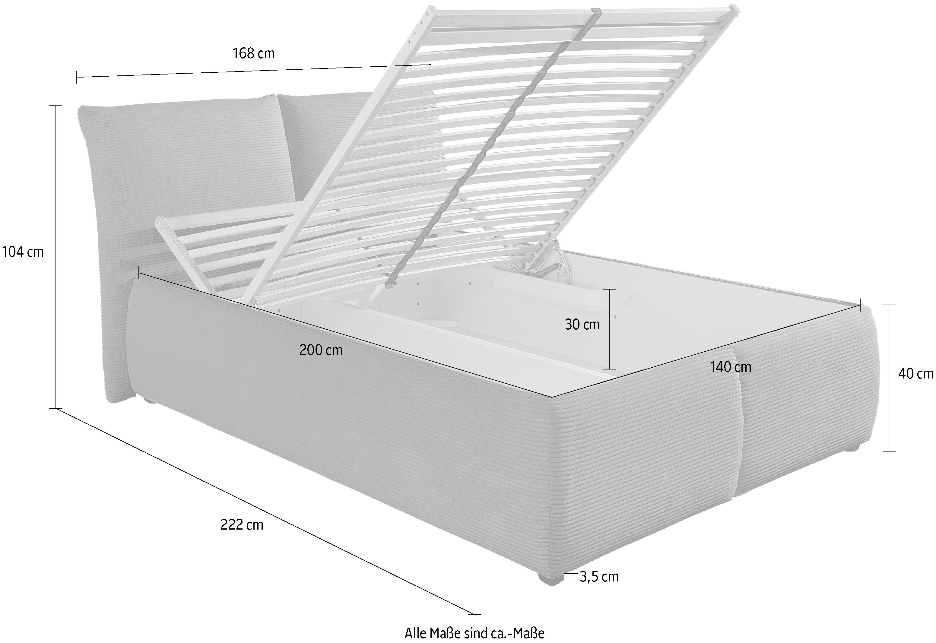 Maintal Gestoffeerd bed Wiesenbach, met cord-stof optioneel in hardheidsgraad h2, h3 of h4