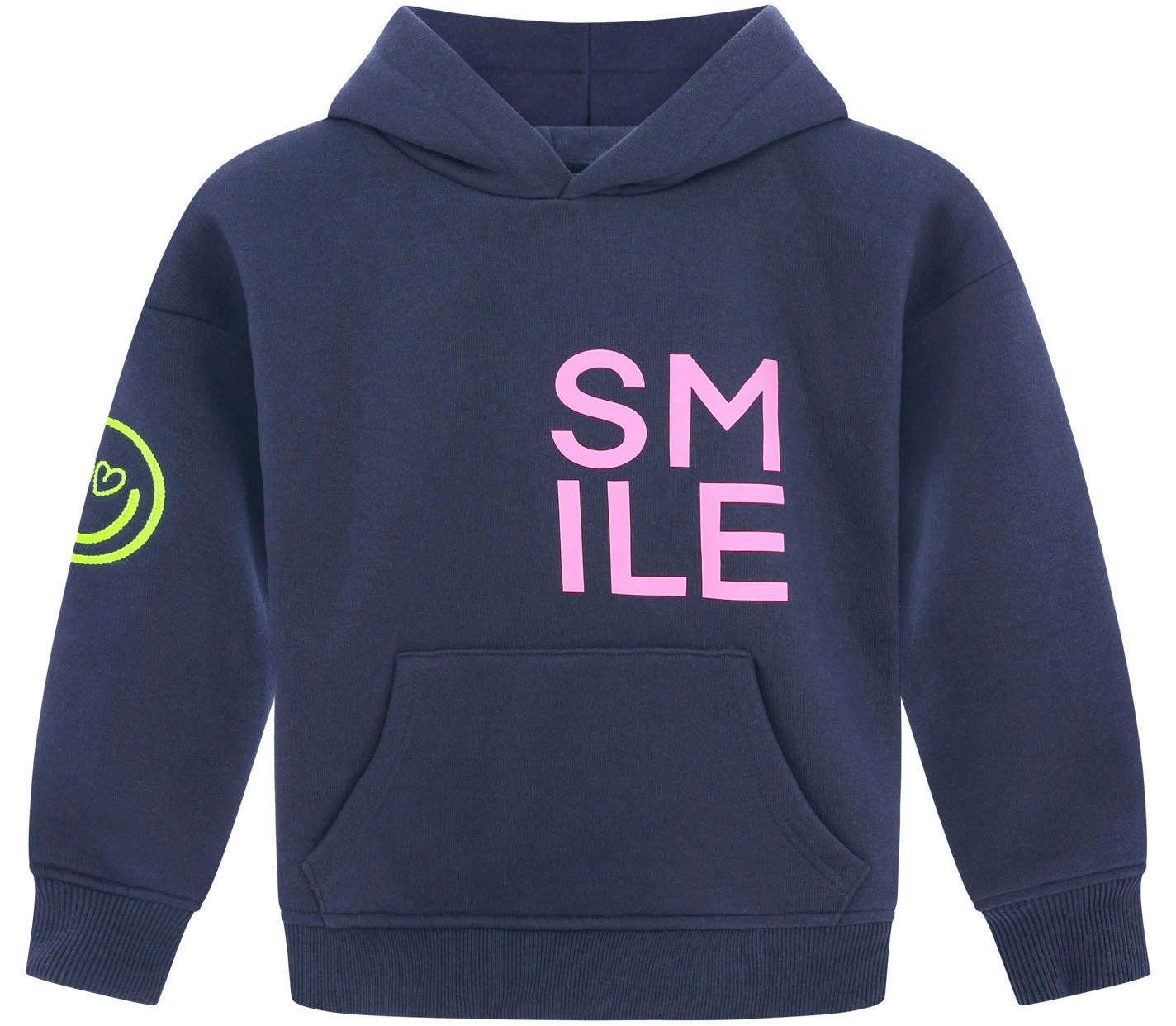 Zwillingsherz Hoodie Alissa-Kids met "smile"-opdruk in neonkleur en geborduurde smiley