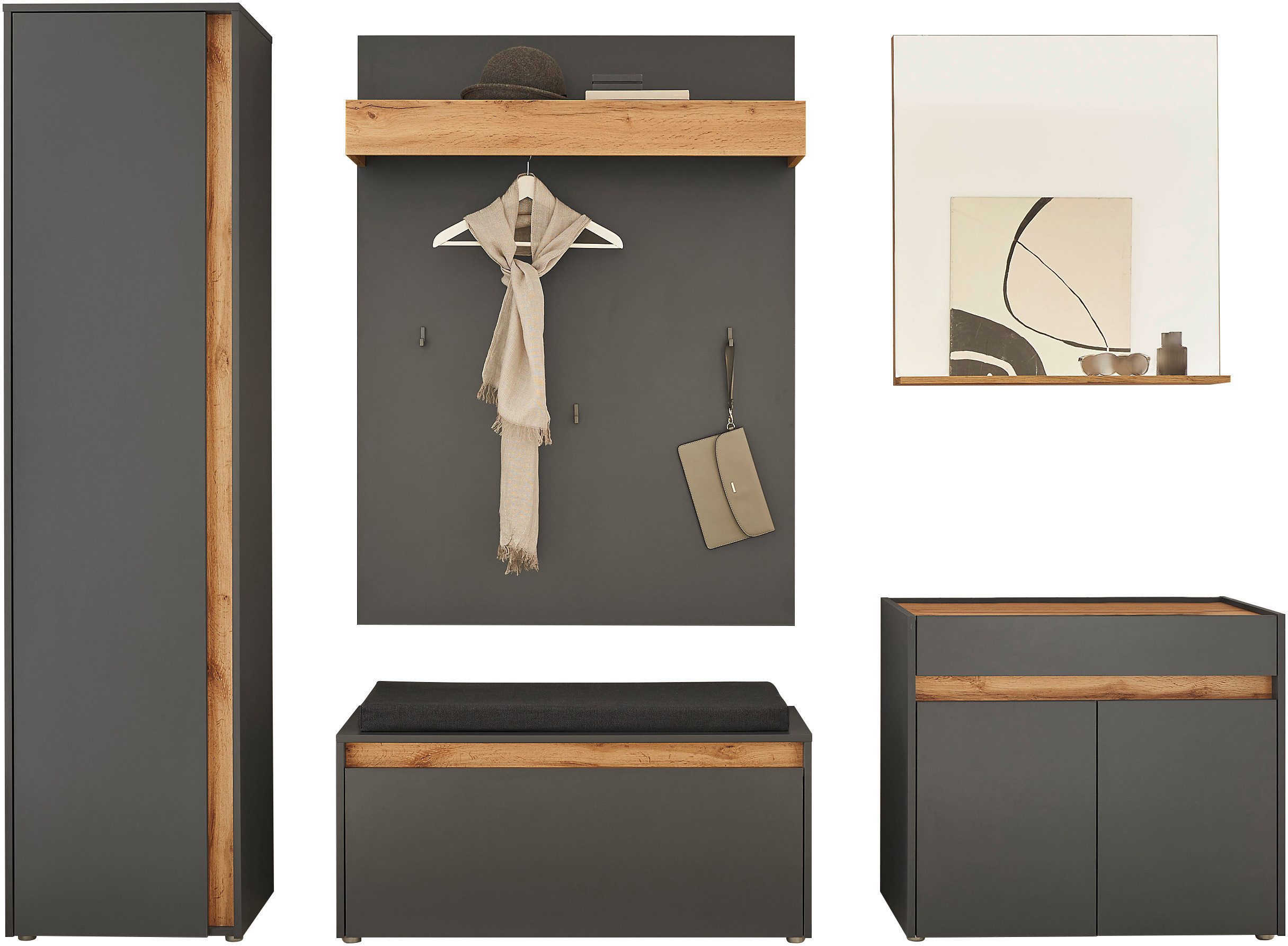 INOSIGN Halmeubelset GIRON/ CiTY, Garderobe in Wotan Eik, moderne garderobekast bevat kast, commode, spiegel, paneel & schoenenbank + zitkussen (complete set, 5-delig)
