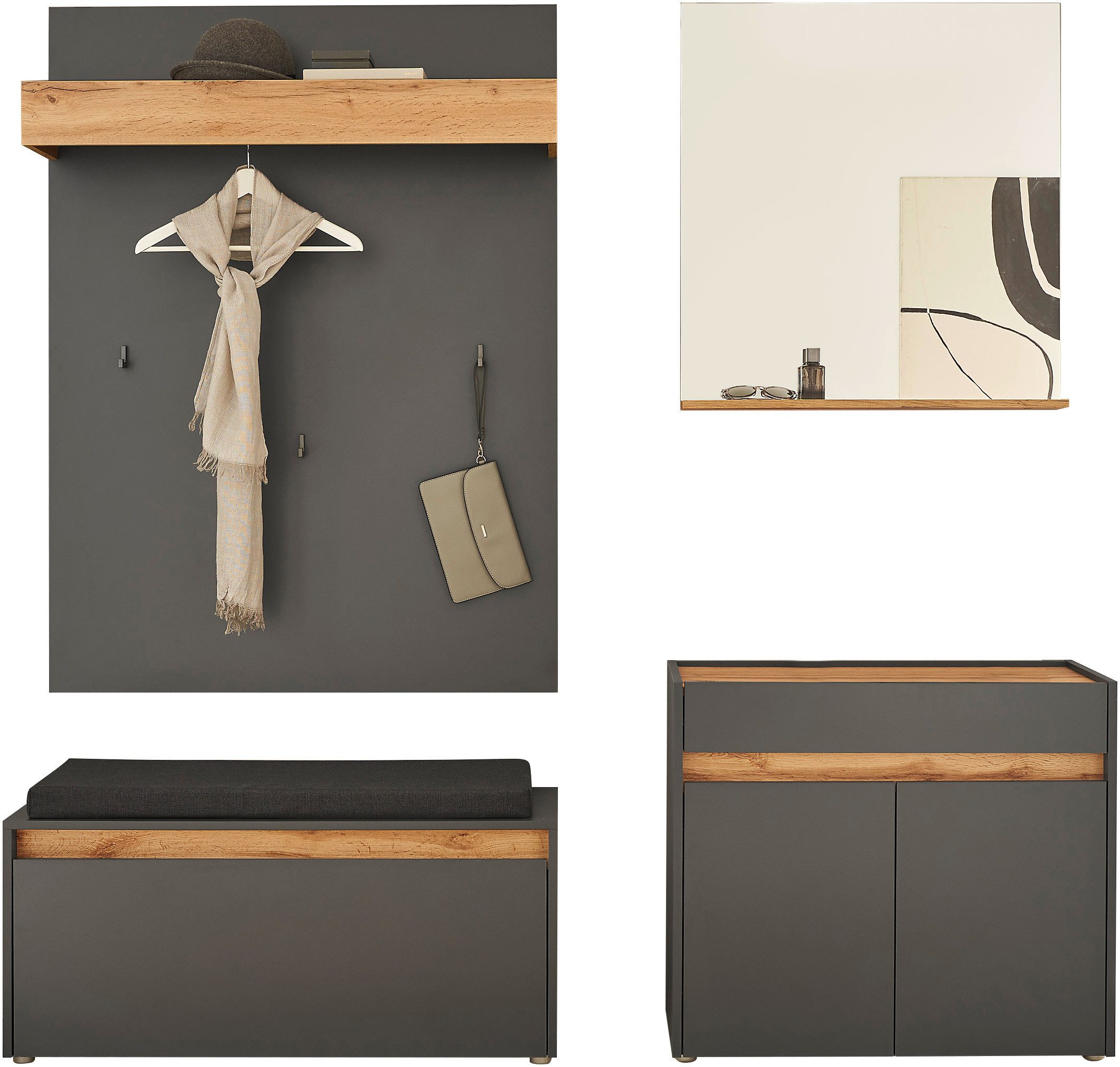 INOSIGN Halmeubelset GIRON/ CiTY, Garderobe in Wotan Eik, moderne garderobekast bevat commode, spiegel, paneel & schoenenbank + zitkussen, 190 cm breed (complete set, 4-delig)