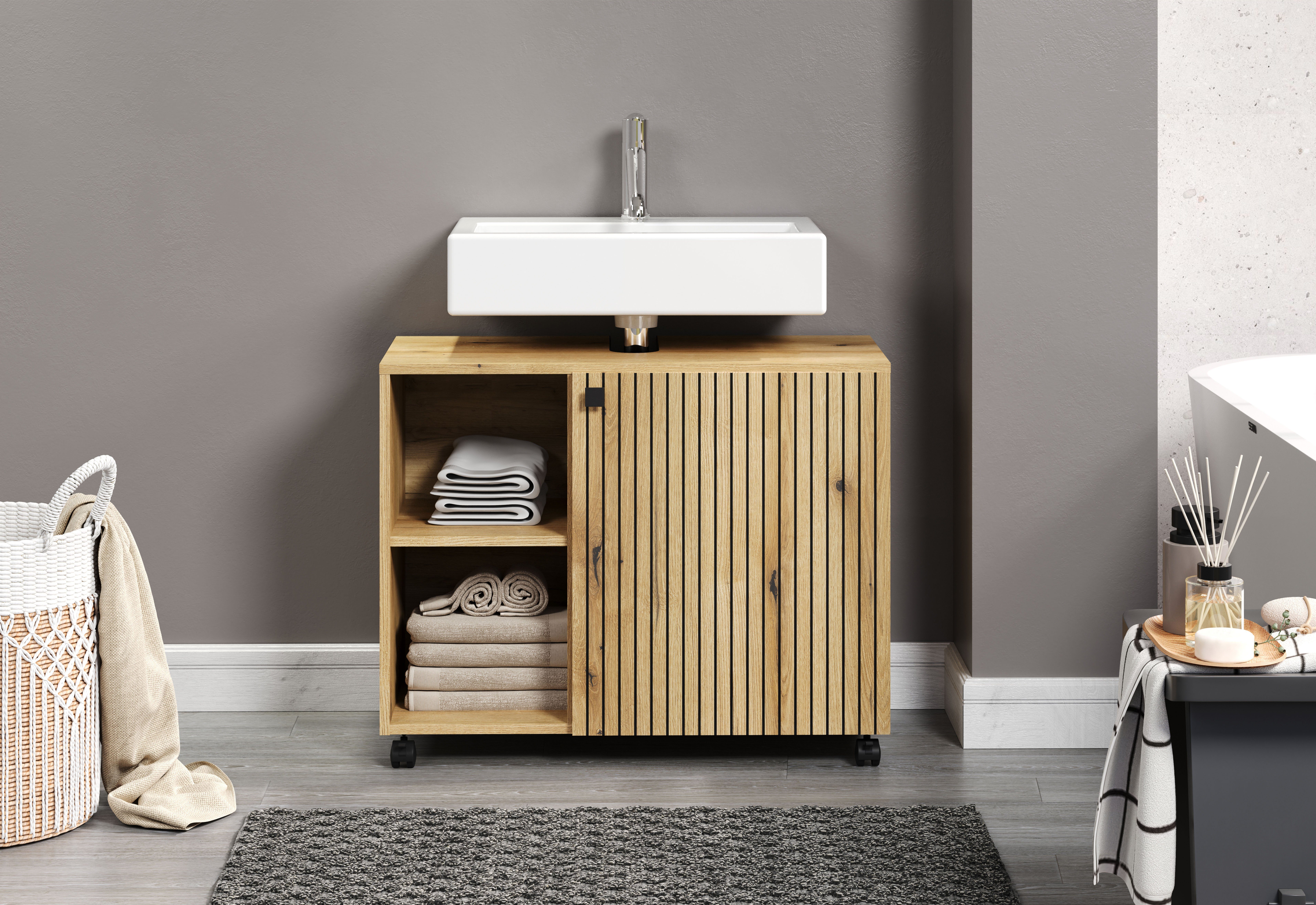 welltime Wastafelonderkast Amrum BxHxD 80 x 64 x 42 cm wastafelonderkast eiken rillen-look (1 stuk)