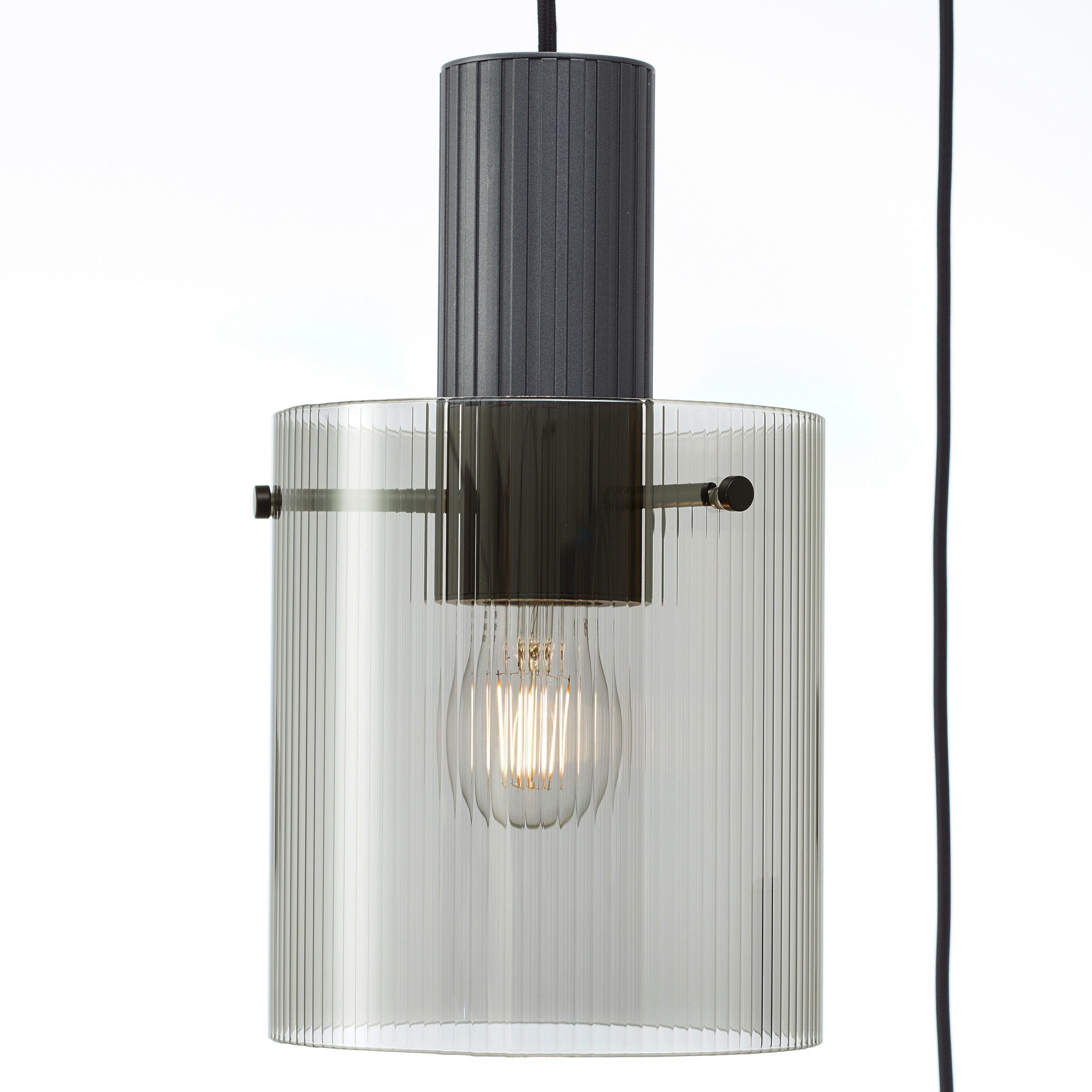 Brilliant Leuchten Hanglamp Riffelini 150 x 48 cm, 3x e27, inkortbaar, geribbeld rookglas, antraciet