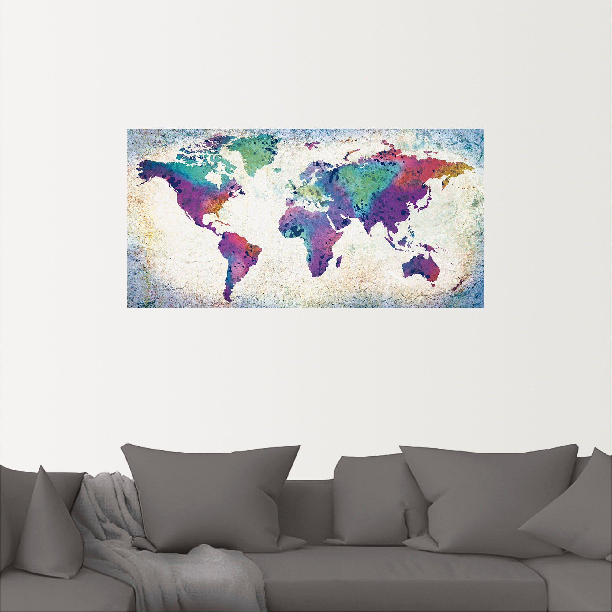 Artland Artprint Veelkleurige wereldkaart als artprint van aluminium, artprint voor buiten, artprint op linnen, poster, muursticker