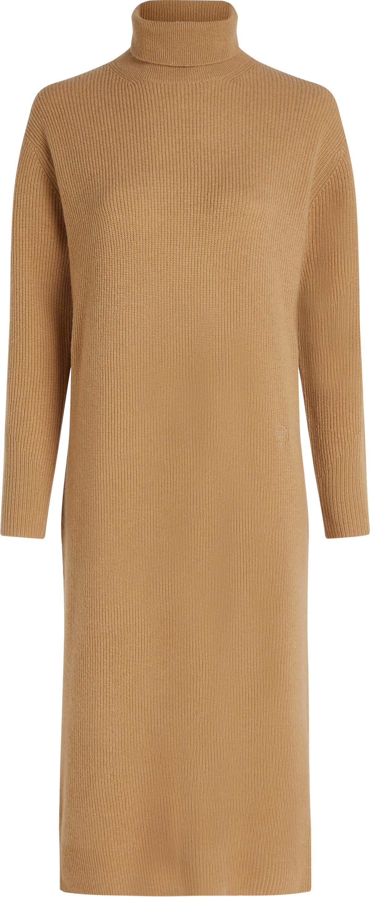 Tommy Hilfiger Gebreide jurk WOOL CASH ROLL-NK LONG DRESS met logo-borduursel, in riblook