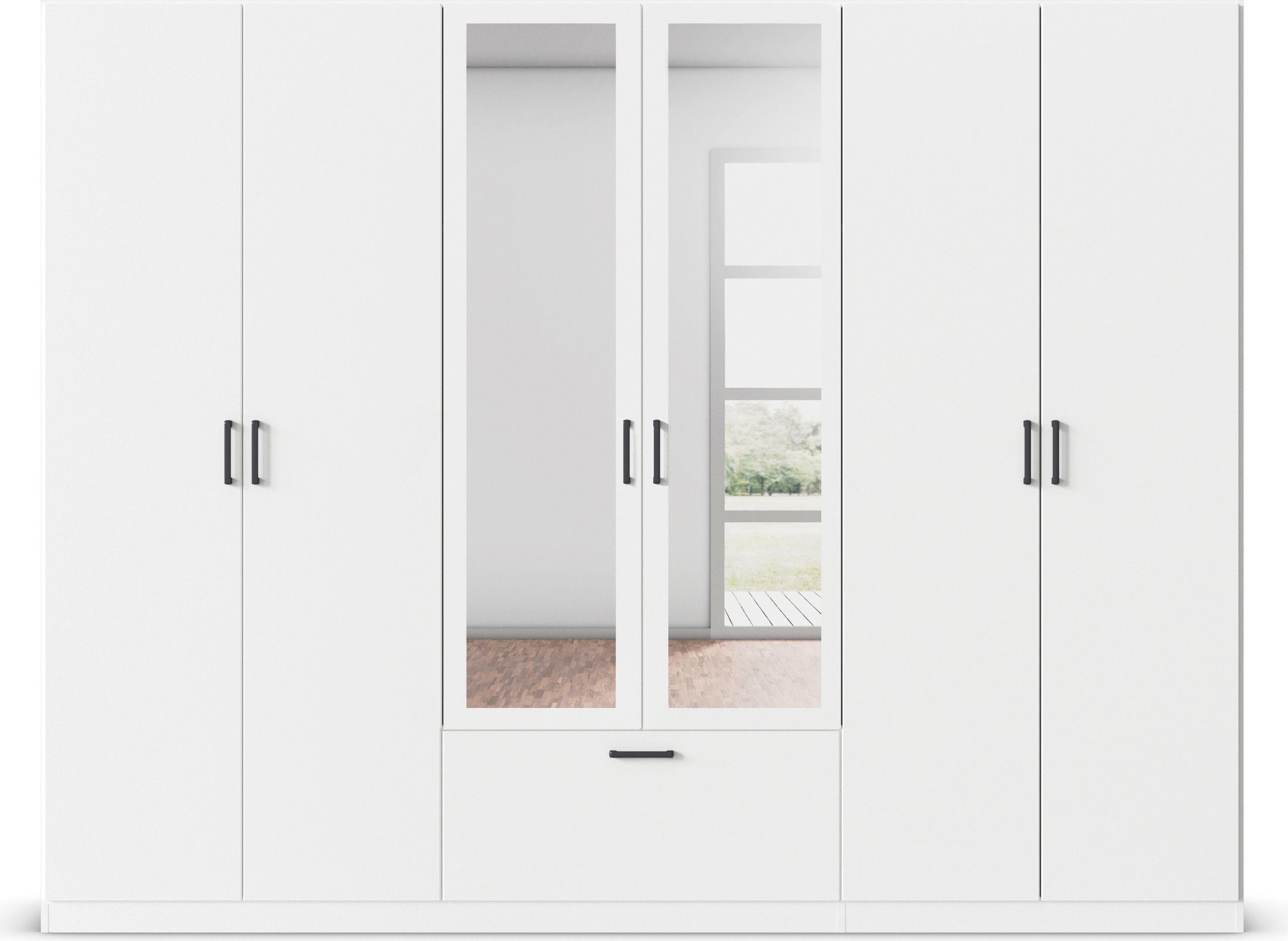 rauch Draaideurkast Kledingkast kast garderobe waskast BARI met spiegel met lades in het midden, moderne greep in grijs metallic made in germany