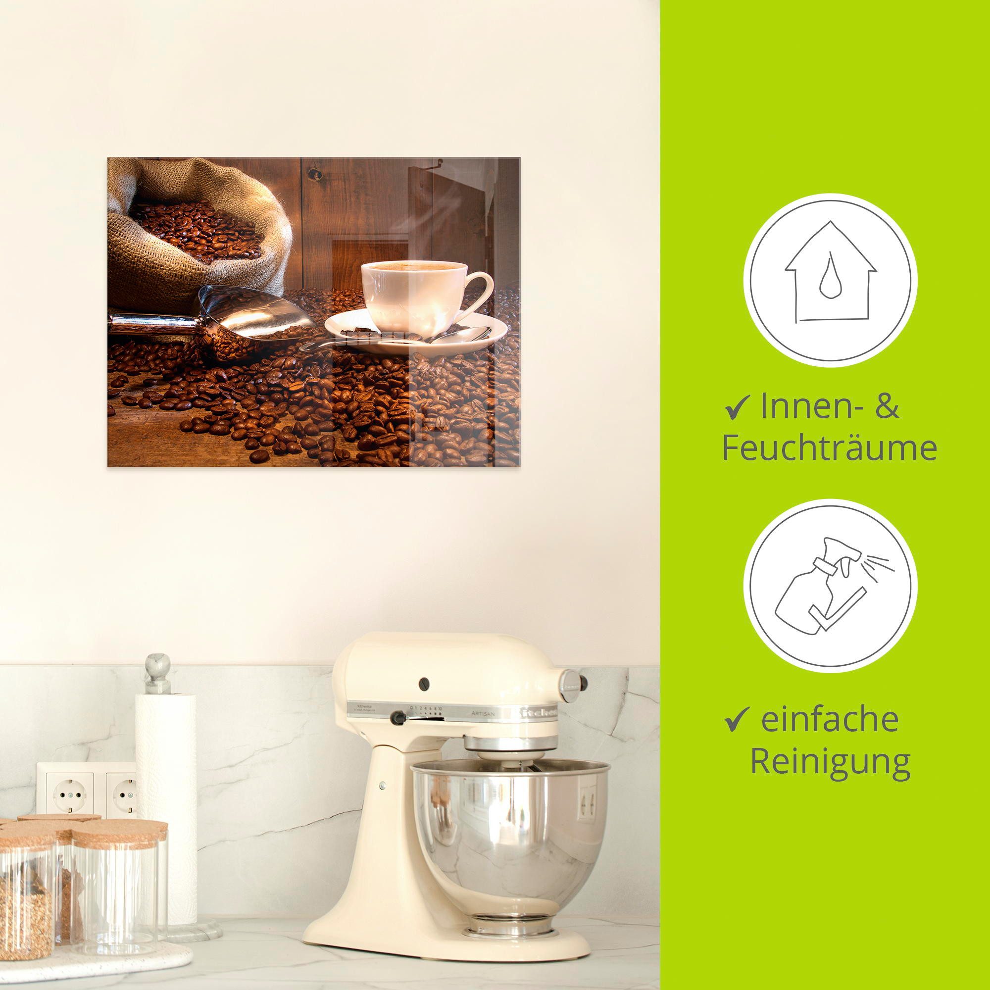 Artland Print op glas Koffiekopje en linnen zak op tafel