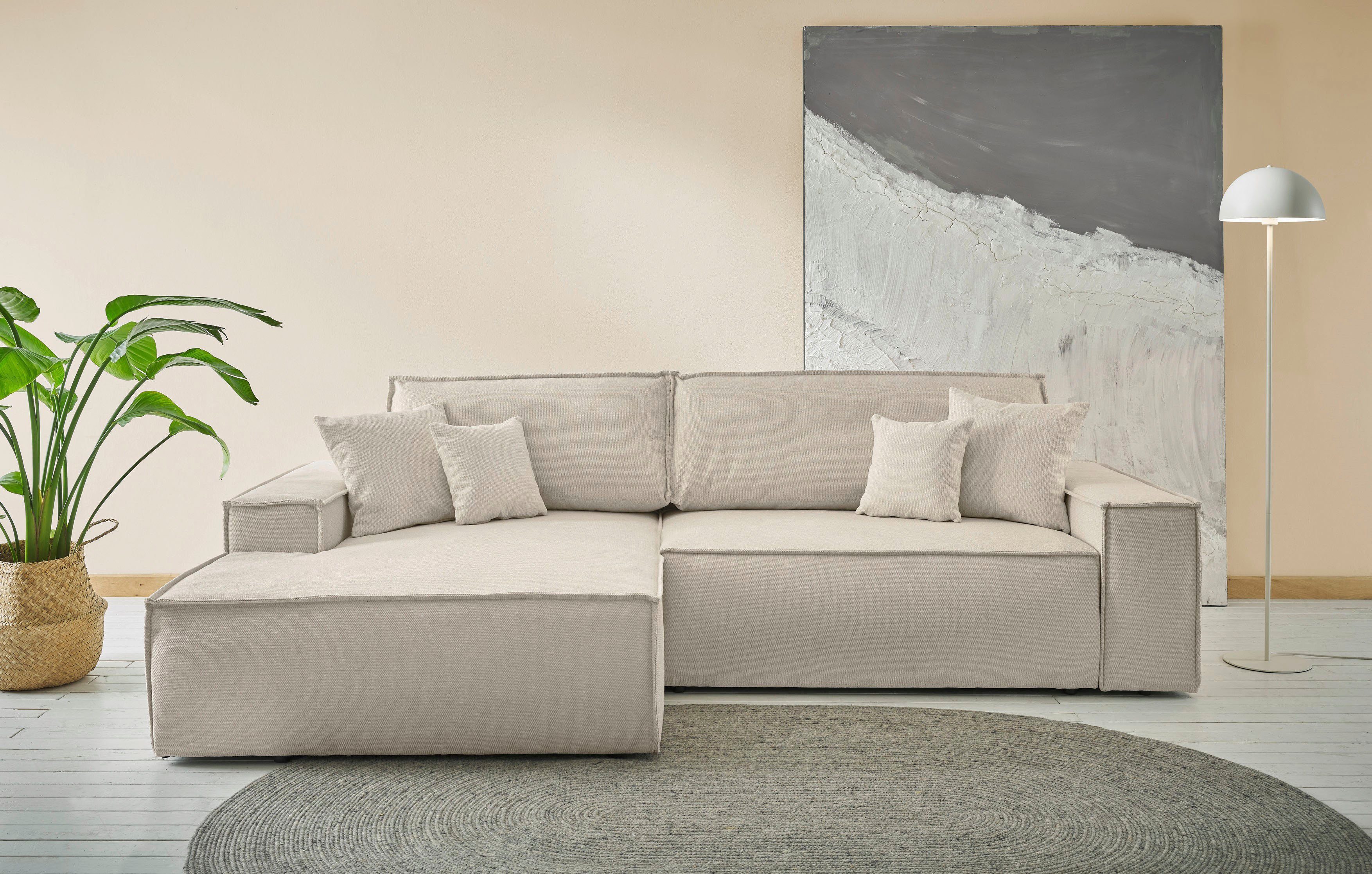 andas Hoekbank Finnley slaapbank 267 cm in Bouclé, fijne structuur en cord, L-vorm