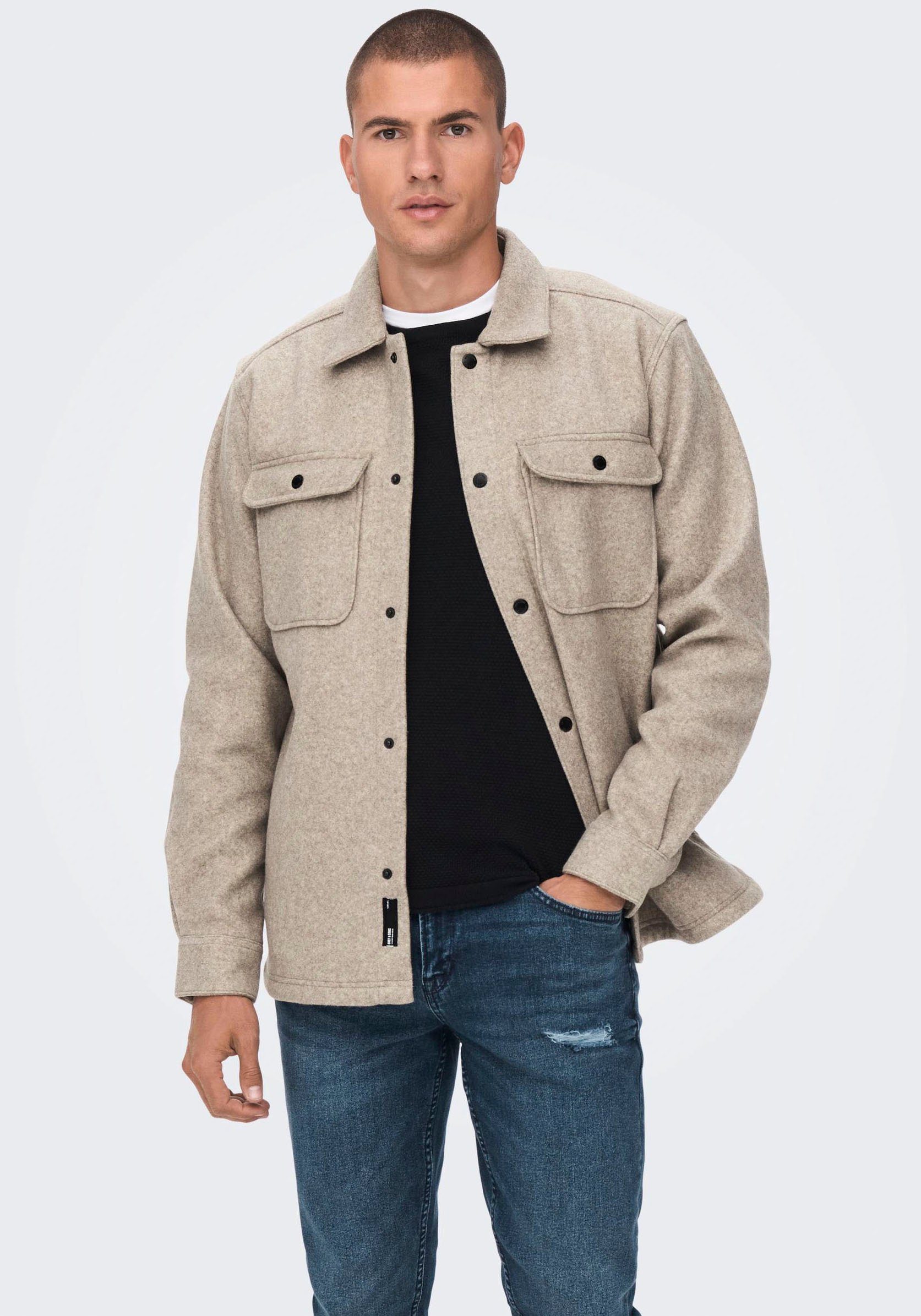 ONLY & SONS Overhemd met lange mouwen ONSASH OVR WOOLEN LOOK PKT LS SHIRT NOOS