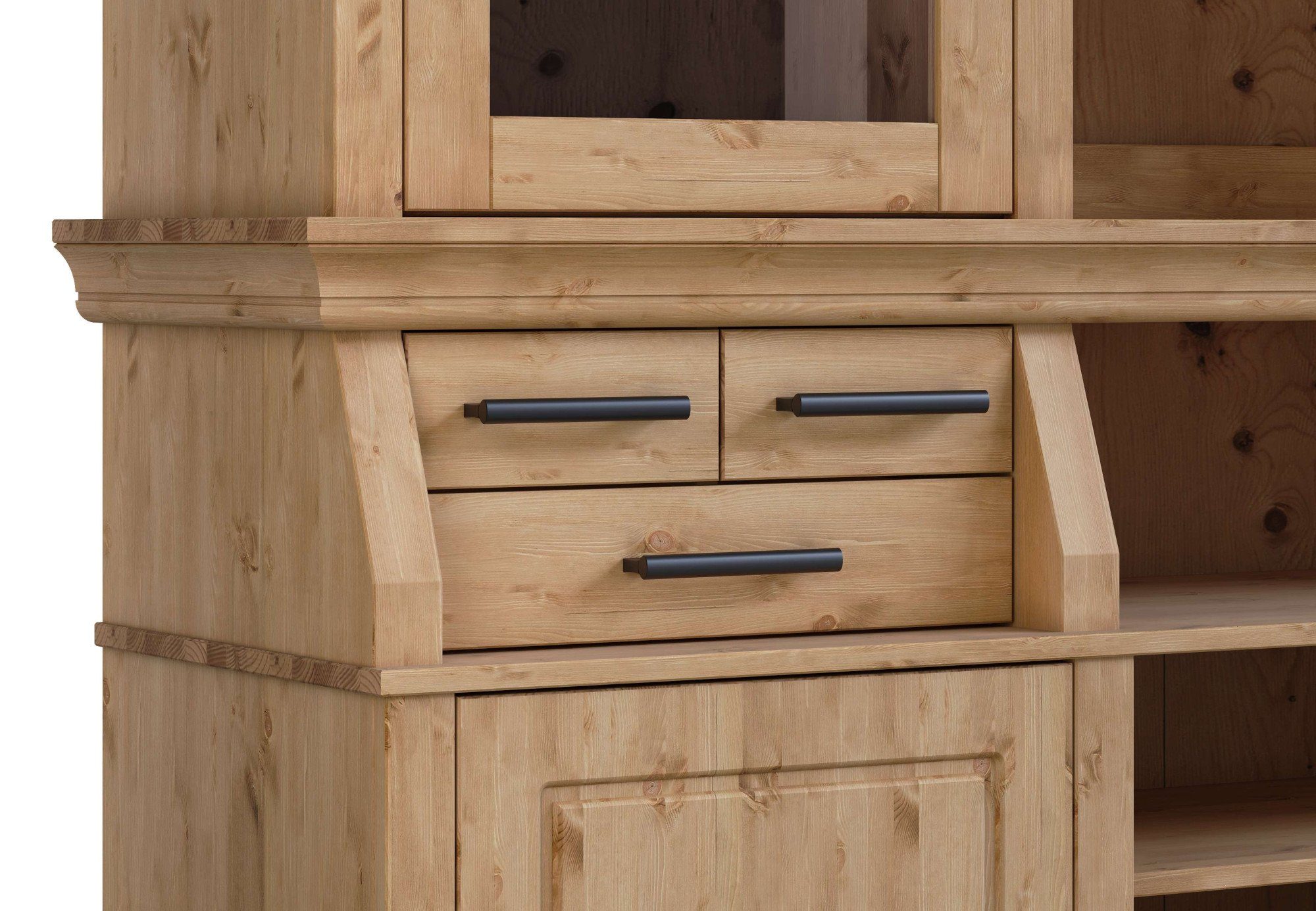 Home affaire Buffetkast Anabel, met glazen deuren en zwarte metalen handgrepen gecertificeerd massief hout, breedte 186 cm, in landhuisstijl