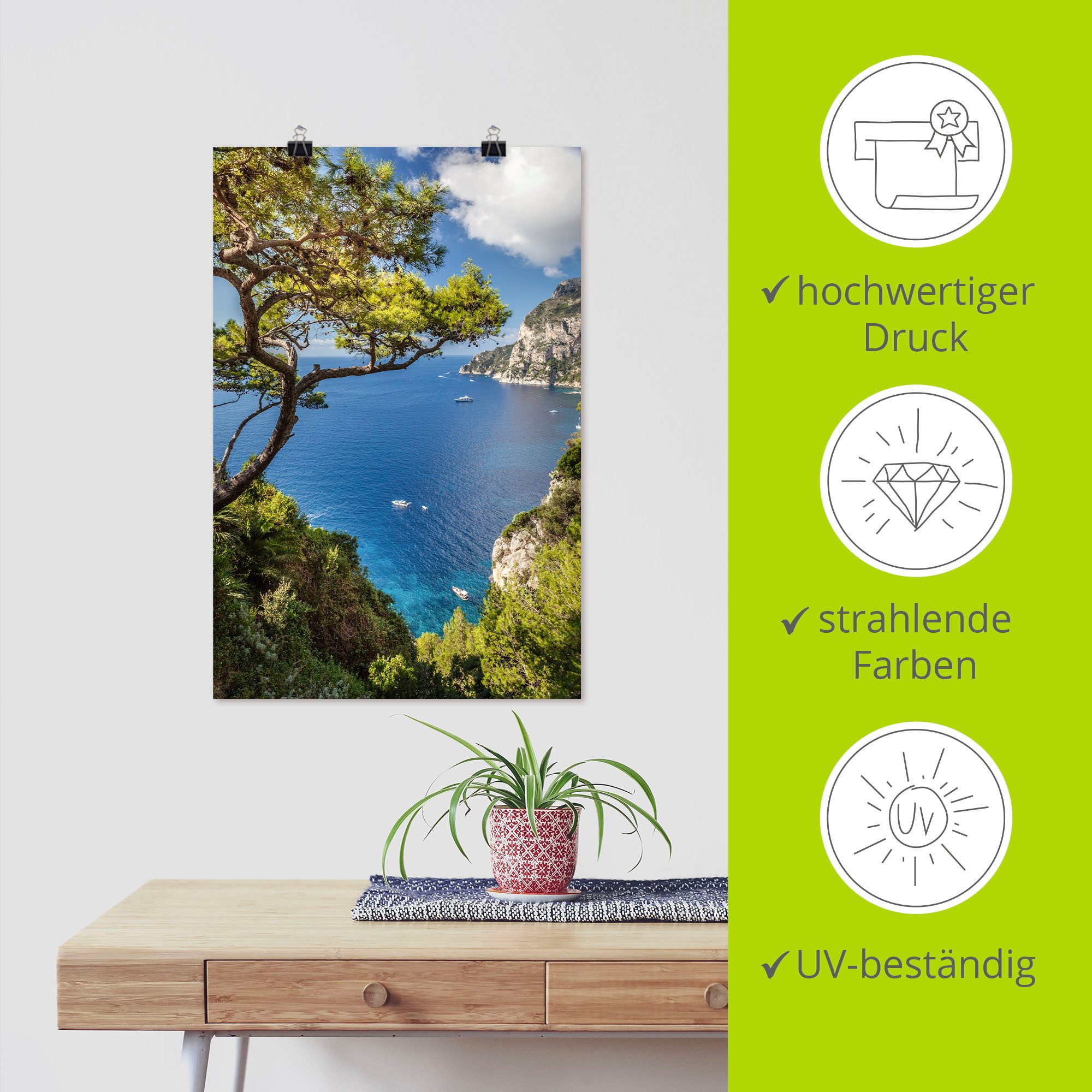 Artland Artprint Punta de Masullo, eiland capri, Italië als artprint van aluminium, artprint voor buiten, artprint op linnen, poster, muursticker