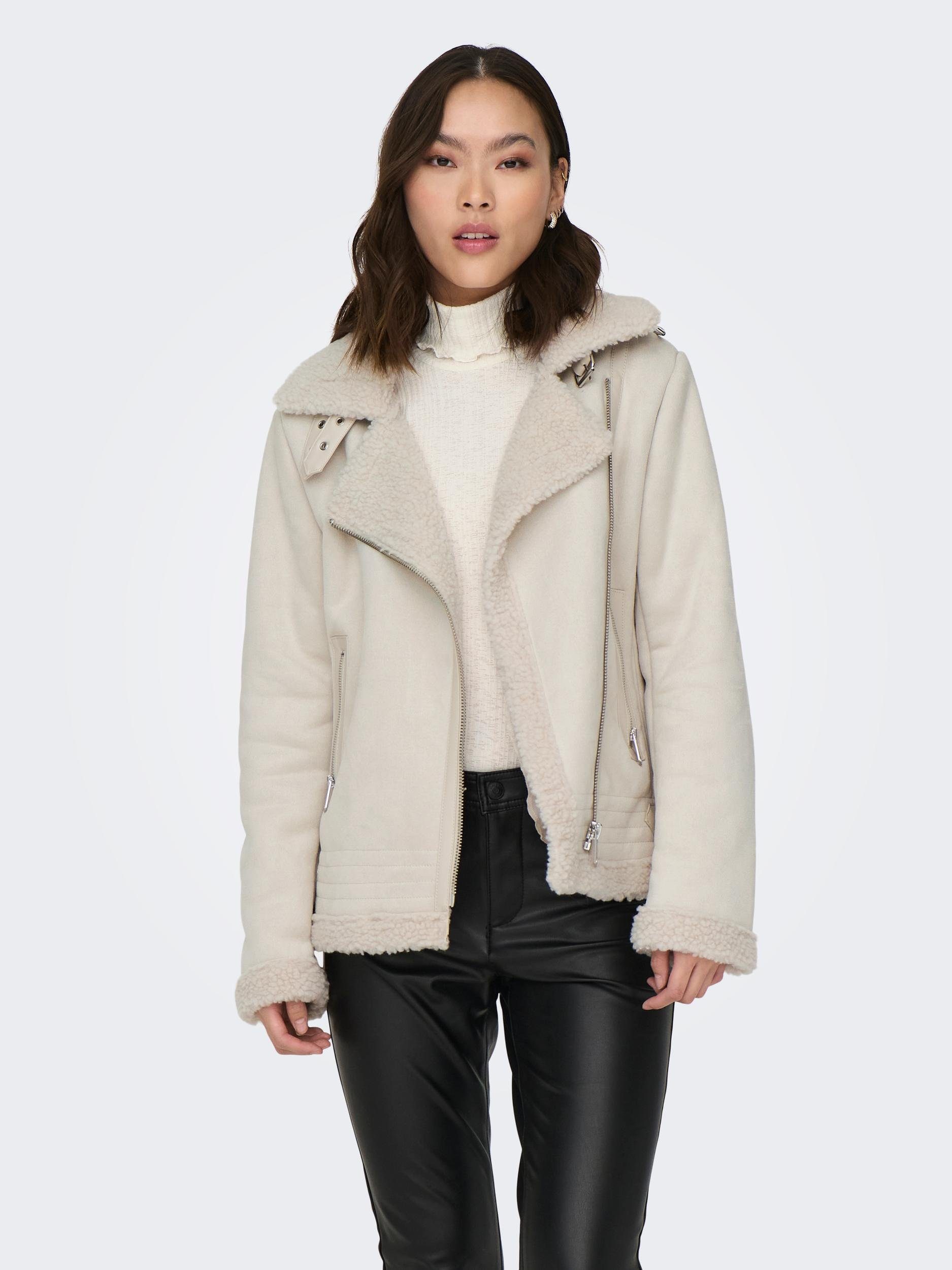 Only Licht Beige Imitatie Suède Jas met Teddy Kraag Beige Dames