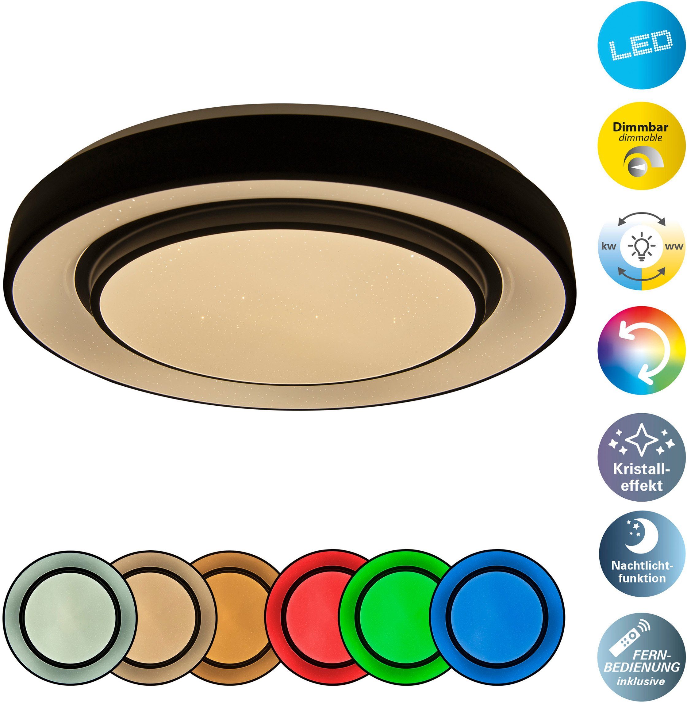 näve Led-plafondlamp Monterey dimbaar, cct, nachtlichtfunctie, rgb, afstandsbediening, kristaleffect (1 stuk) plafondlampen zwart