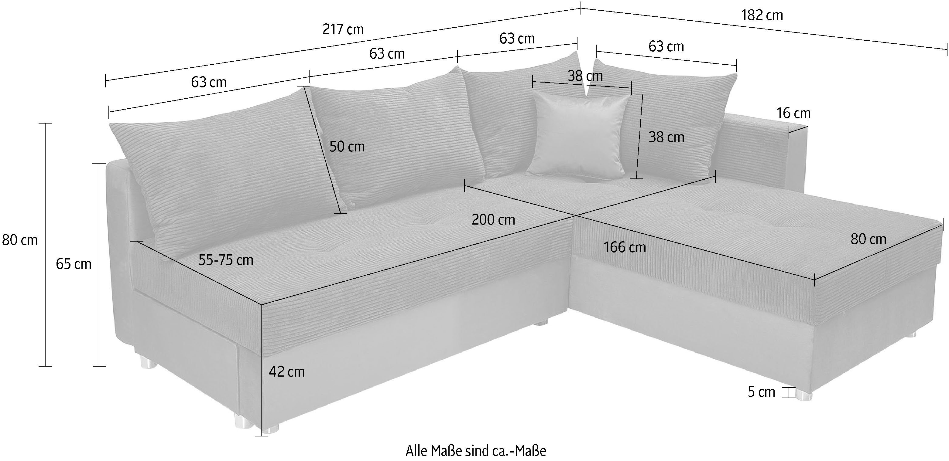 COLLECTION AB Hoekbank Italia L-vorm met slaapbank functie en bedbox, in mix van fluweel en ribfluweel