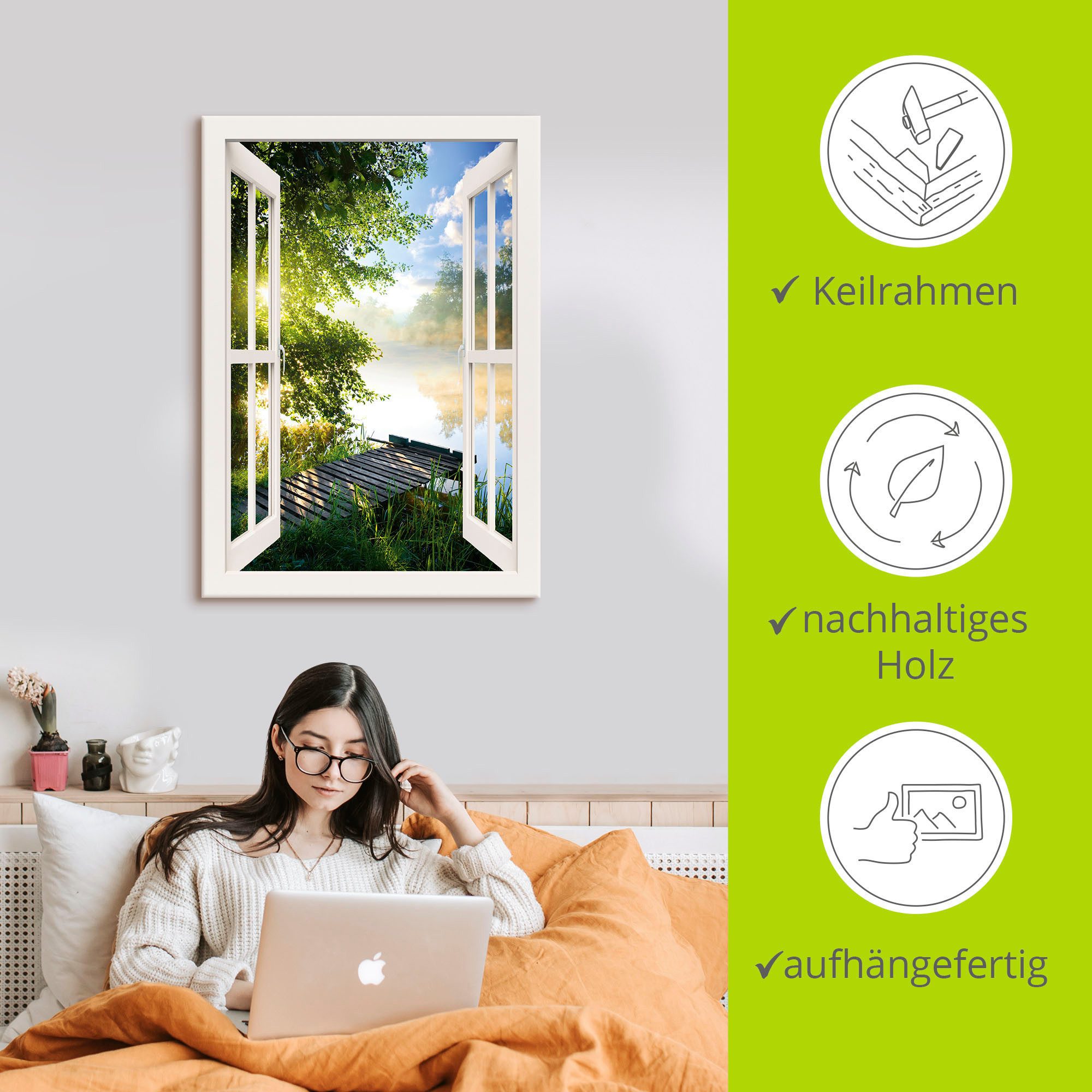 Artland Artprint Blik uit het venster visplek bij de rivier als artprint van aluminium, artprint voor buiten, artprint op linnen, poster, muursticker