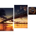 conni oberkircher´s wanddecoratie bridge sunset - brug bij zonsondergang met decoratieve klok, skyline, stad, rivier (set) geel