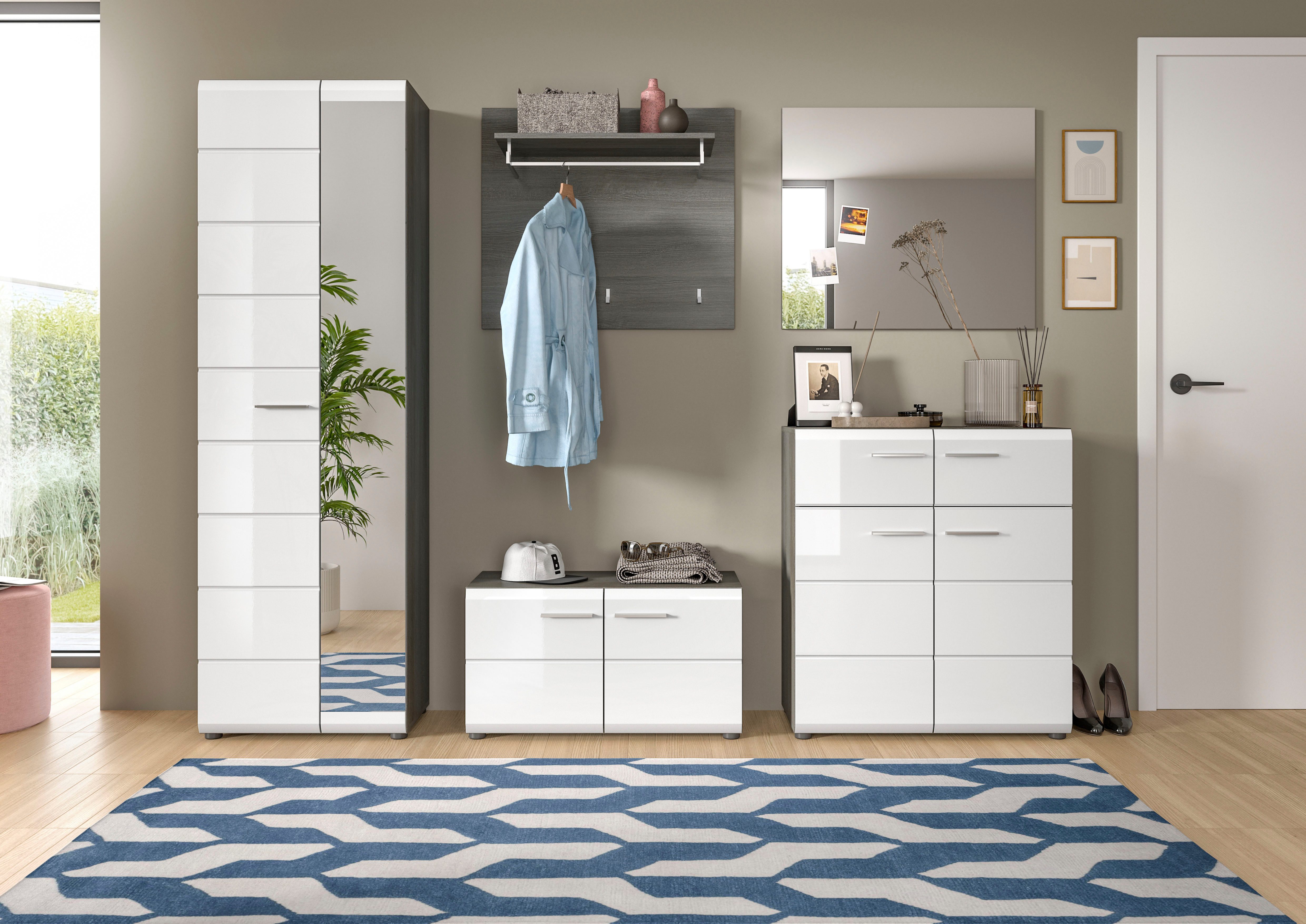 INOSIGN Halmeubelset Rumba, 5-delig, Breedte 250 cm, Hoogglans Front, bestaand uit: Garderobekast, schoenenbank, garderobepaneel, schoenenkast, spiegel (5 stuks)