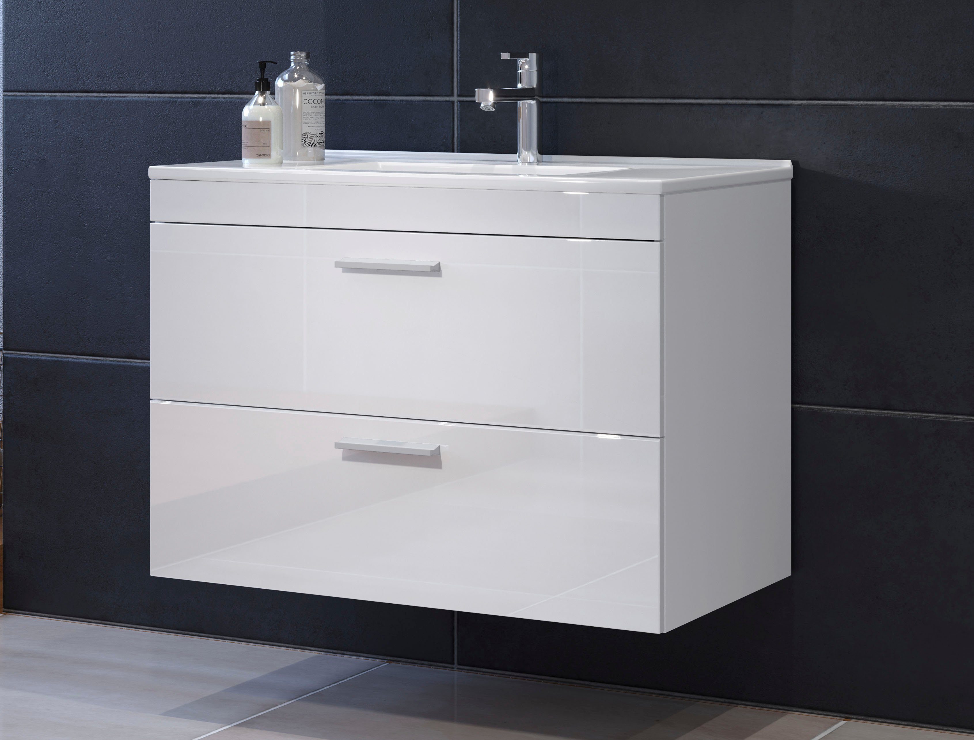 welltime Wastafelonderkast Dormoletto Hangende wastafel in wit hoogglans met inbouwwastafel