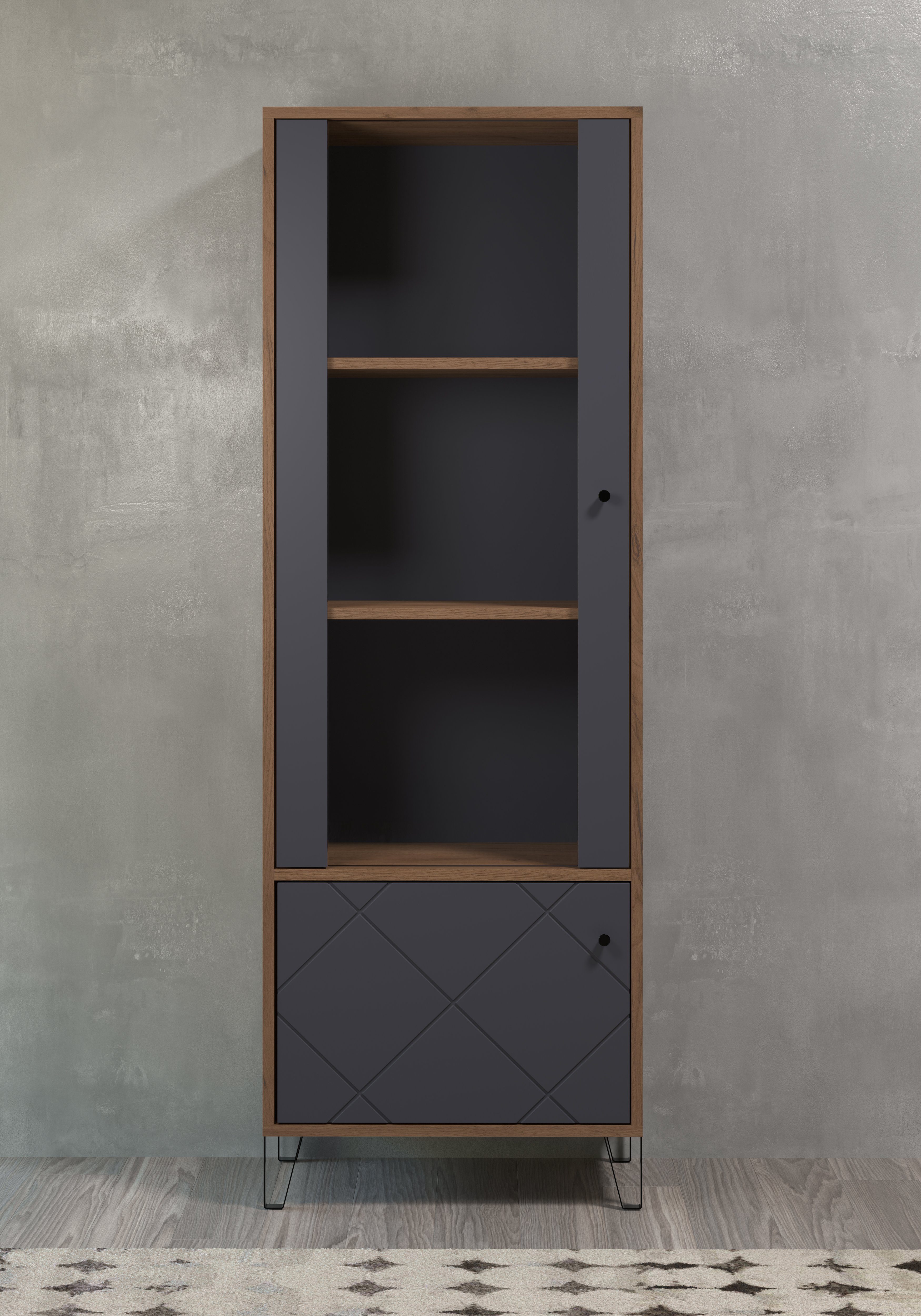Places of Style Vitrinekast MOLVENO Woonkamer vitrine met voelbare grafiet vierkantlook - 63/40/172 cm (1 stuk)