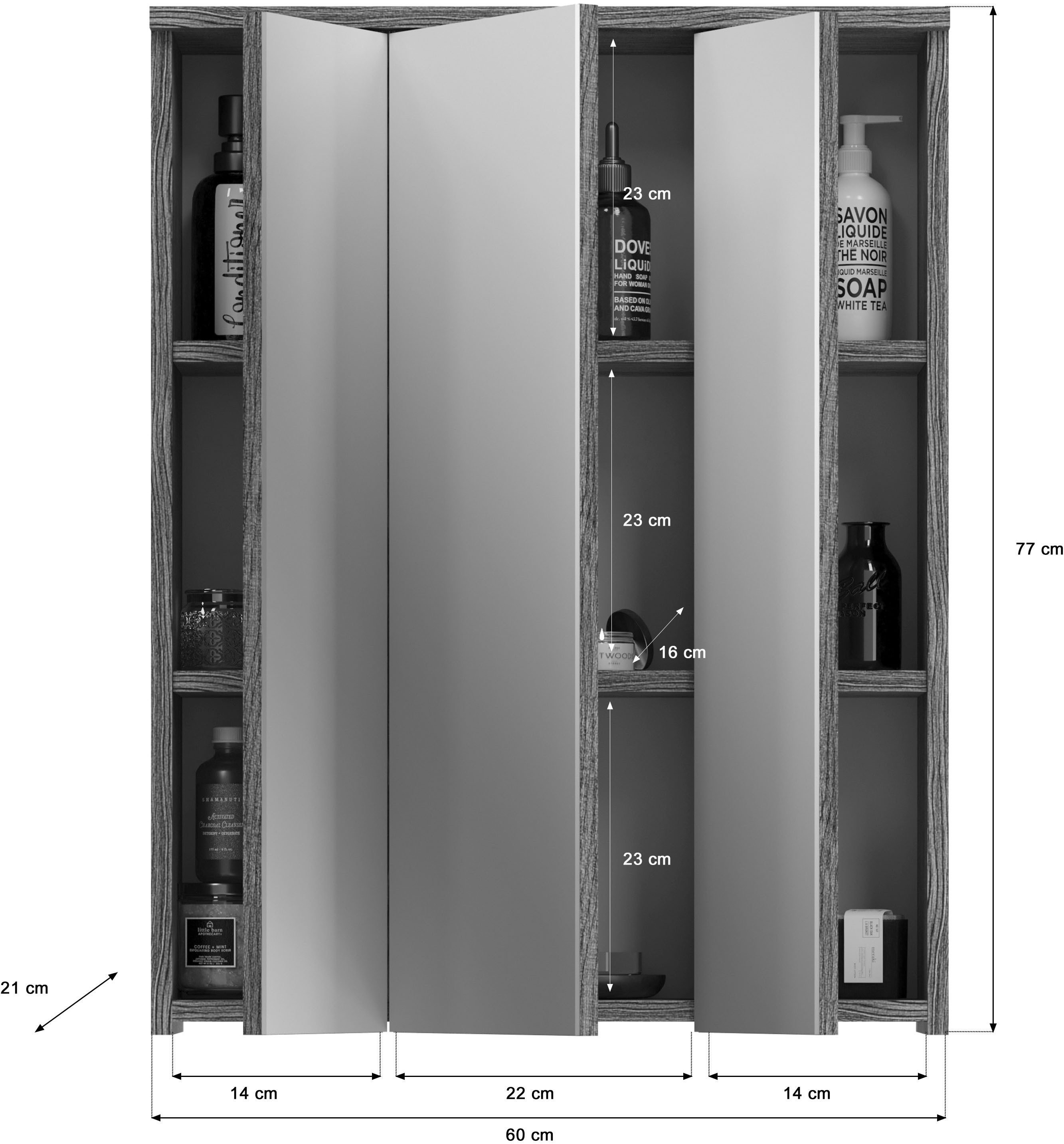 welltime Badkamerspiegelkast LUCCA, TOPSELLER!, Breedte 60 cm, 3 spiegeldeuren, 9 vakken, 6 legplanken