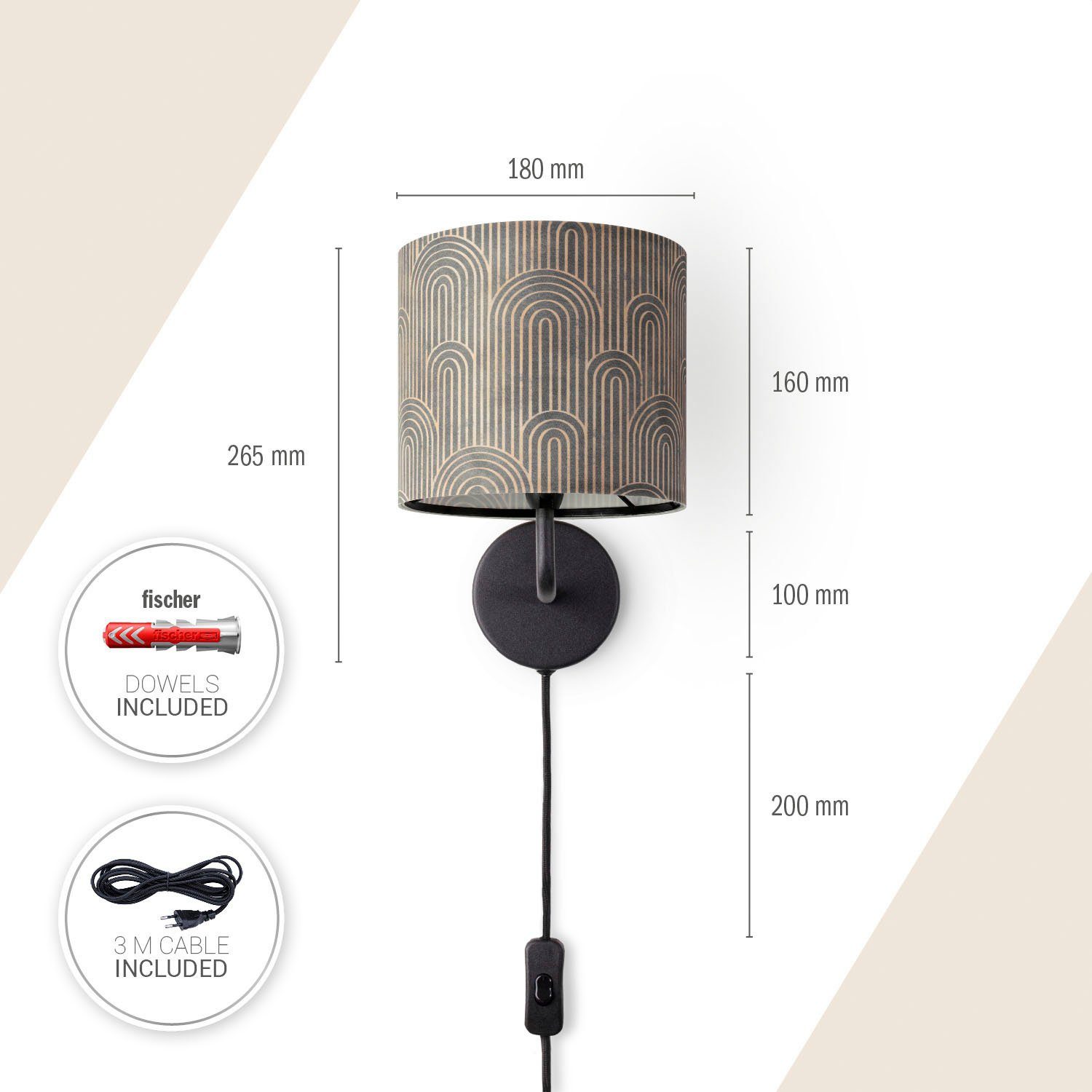 Paco Home Wandlamp Luca Pillar Stofflamp rond wandlamp met stekker woonkamer gang vintage retro