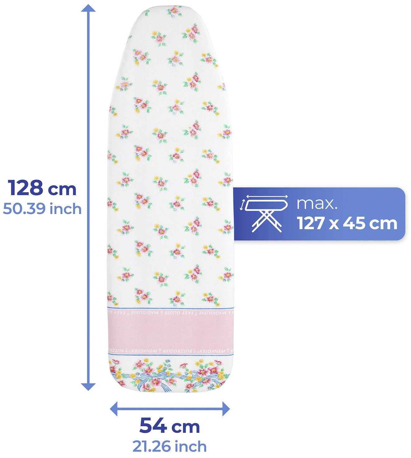 Maximex Strijkplankhoes Model Blütenpracht Strijktafelhoes met blitzstrijkzone, gepolsterd, 128 x 54 cm