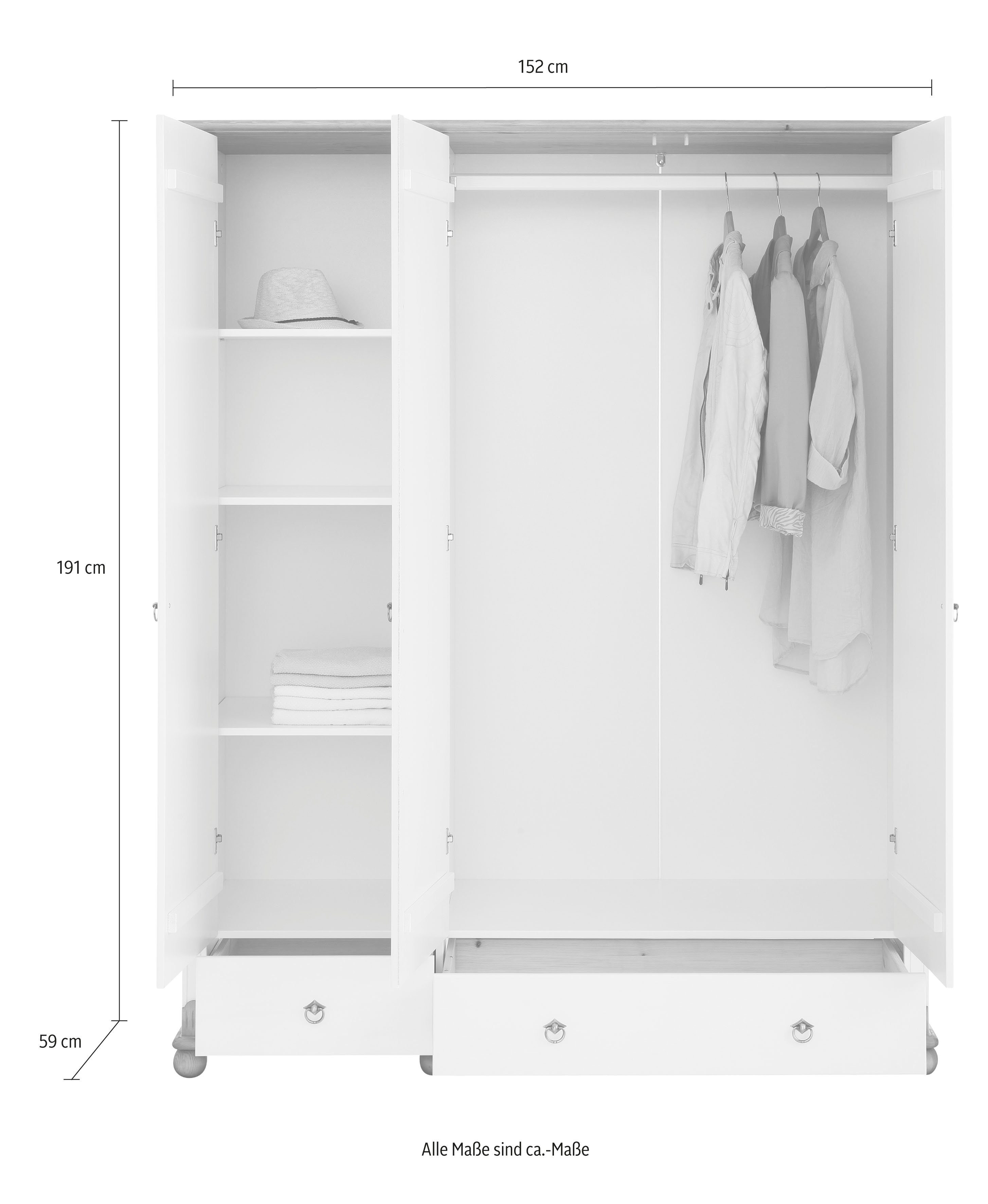 Home affaire Kledingkast Tessin, Driedeuren kast, 3-deurs Breedte 152 cm, massief grenen, met spiegel en 3 lades