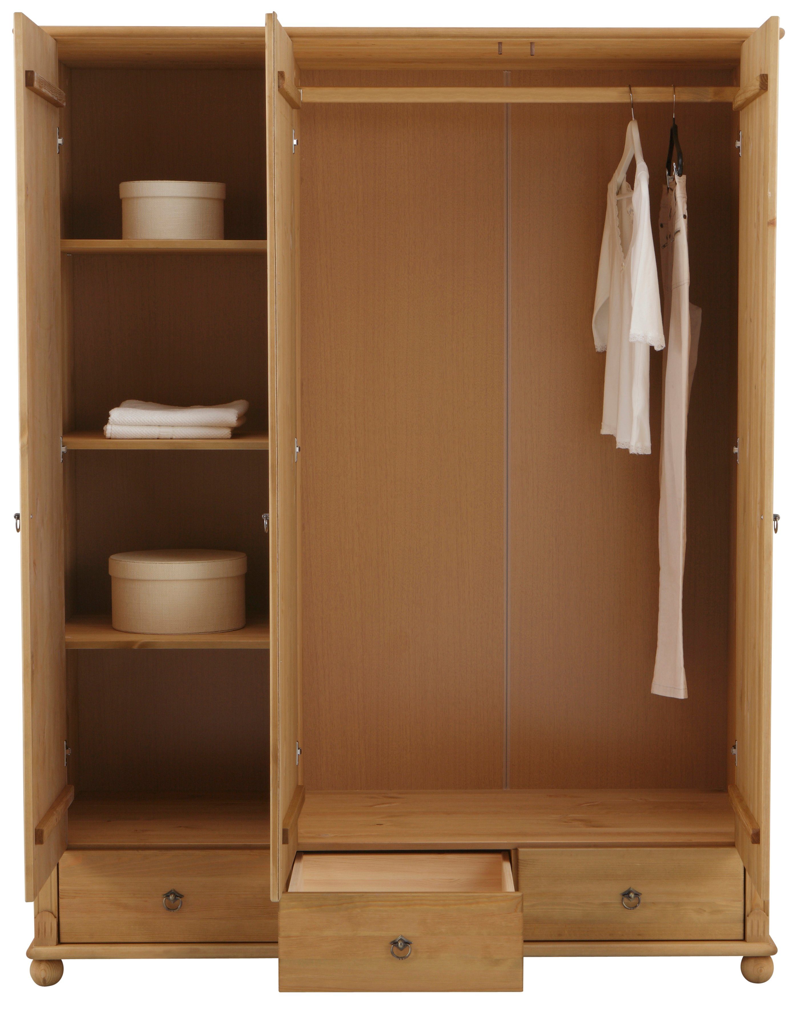Home affaire Kledingkast Tessin, Driedeuren kast, 3-deurs Breedte 152 cm, massief grenen, met spiegel en 3 lades