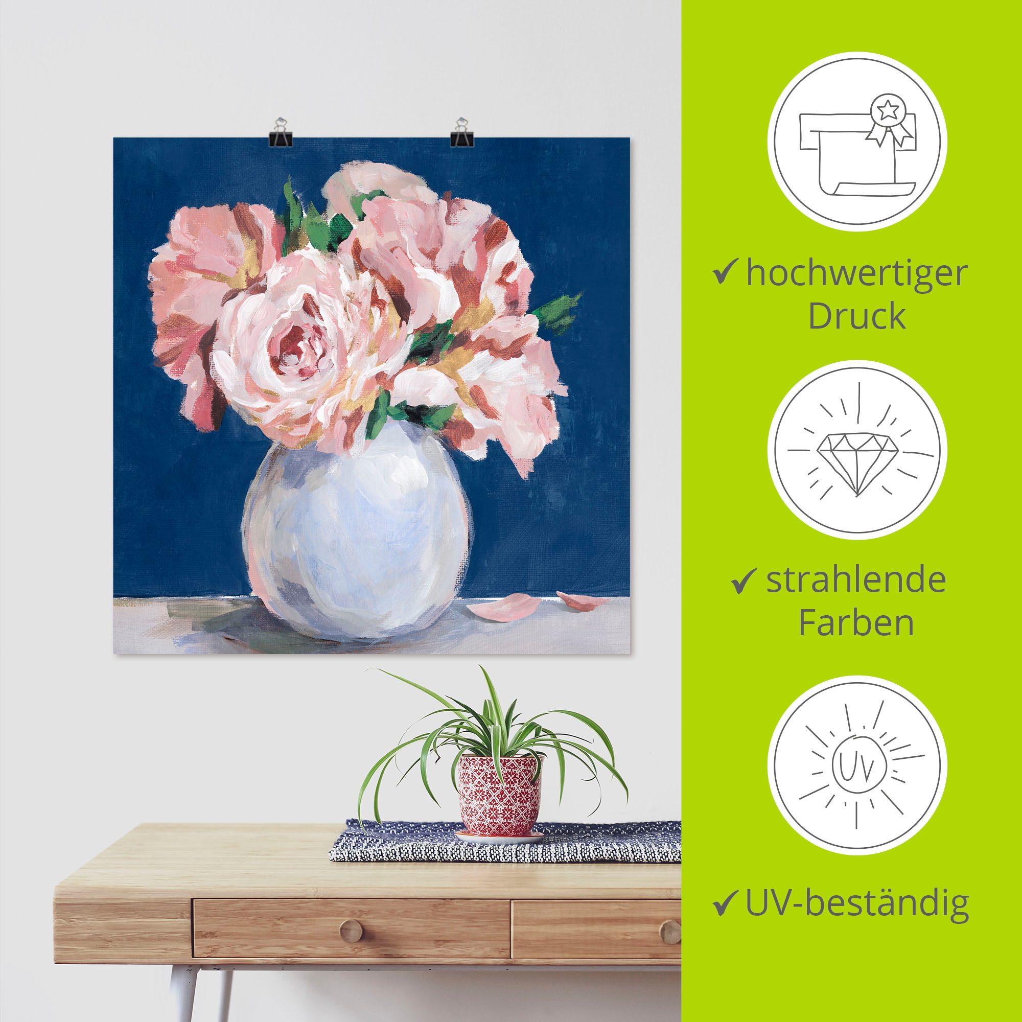 Artland Artprint Mooie pioenrozen in de vaas als artprint op linnen, poster in verschillende formaten maten