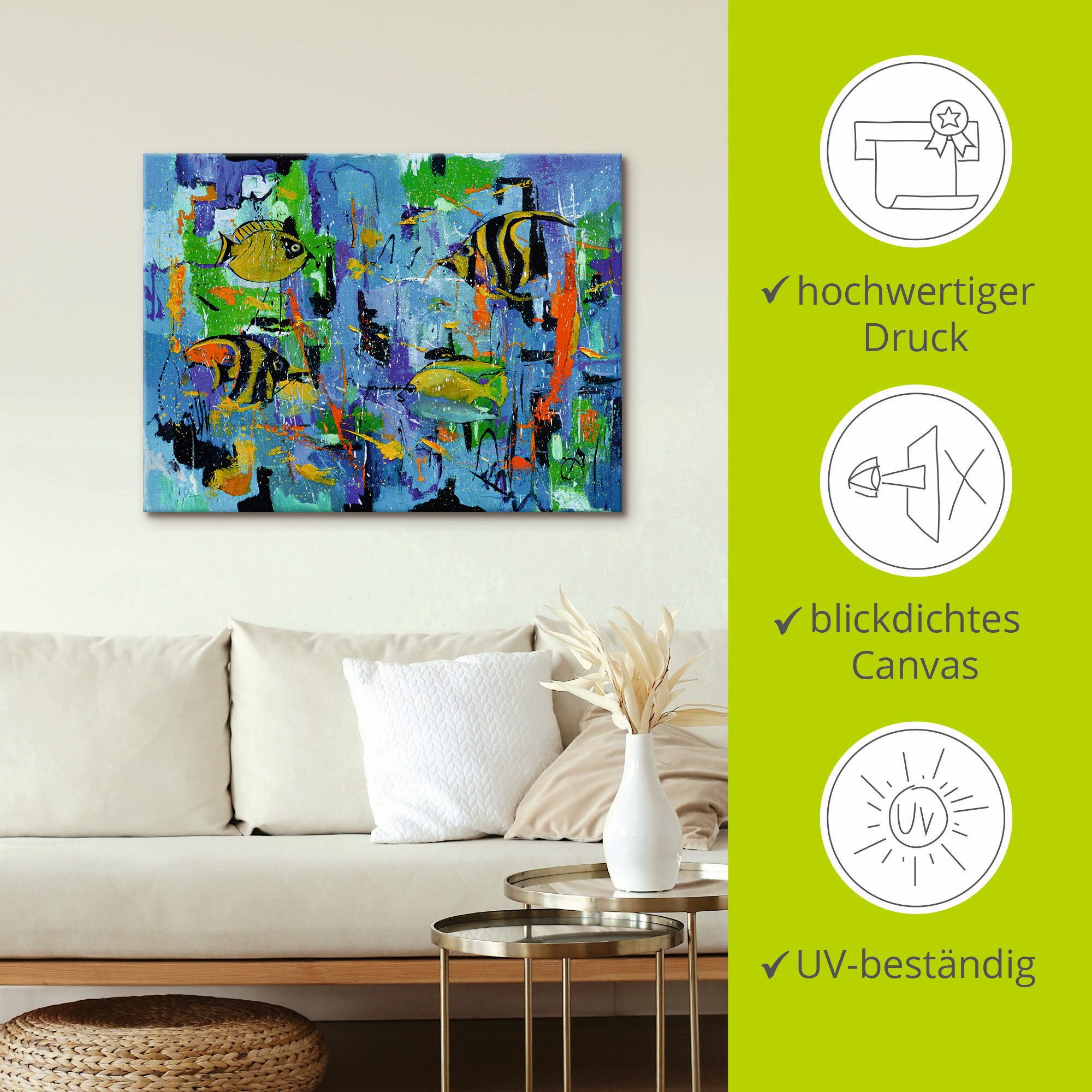 Artland Artprint op linnen Abstract vissen blauw gespannen op een spieraam