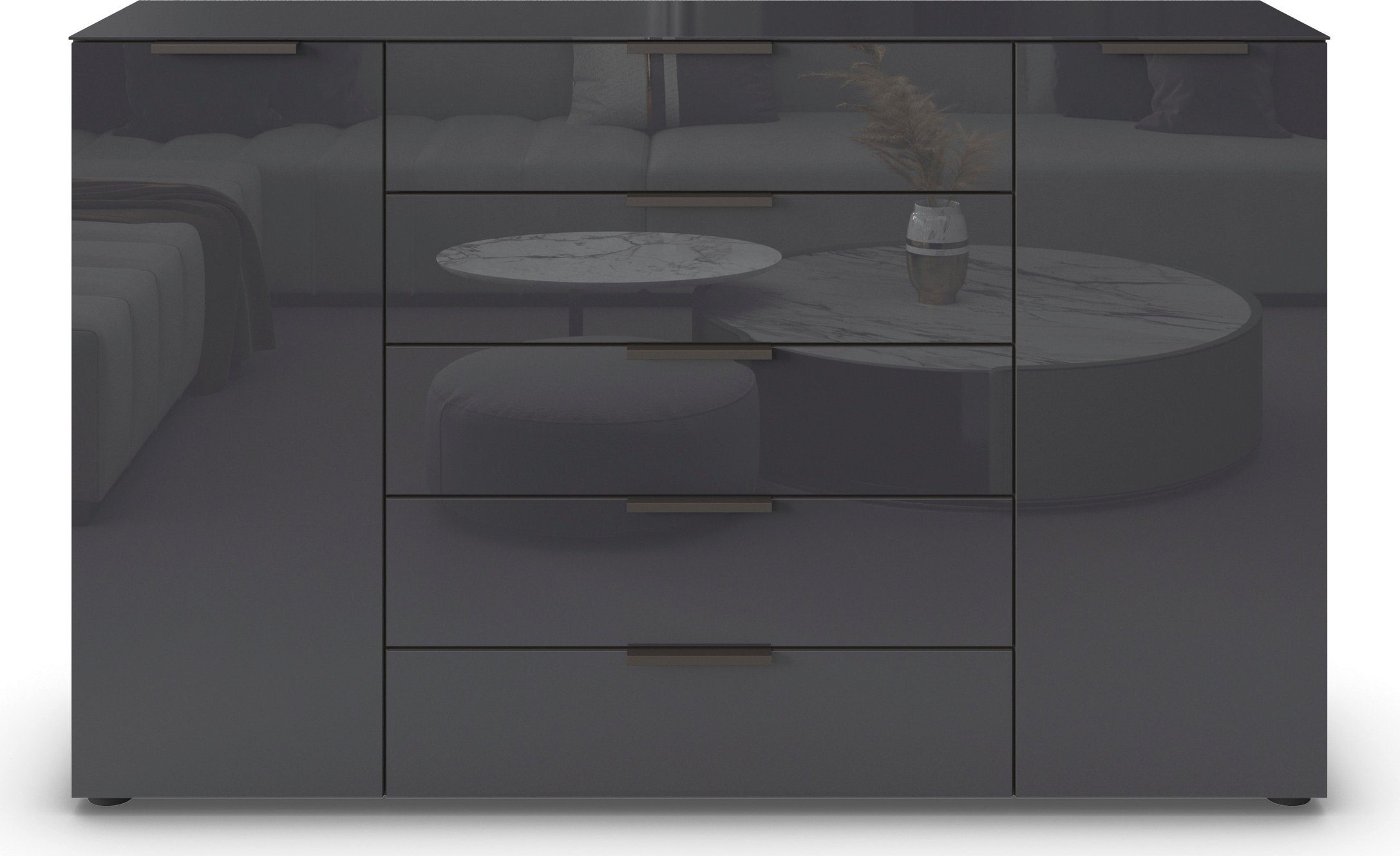 rauch Ladekast Flipp kast sideboard waskast 2-deurs, 5 laden, soft-close, bovenblad en glazen front, 2 breedtes