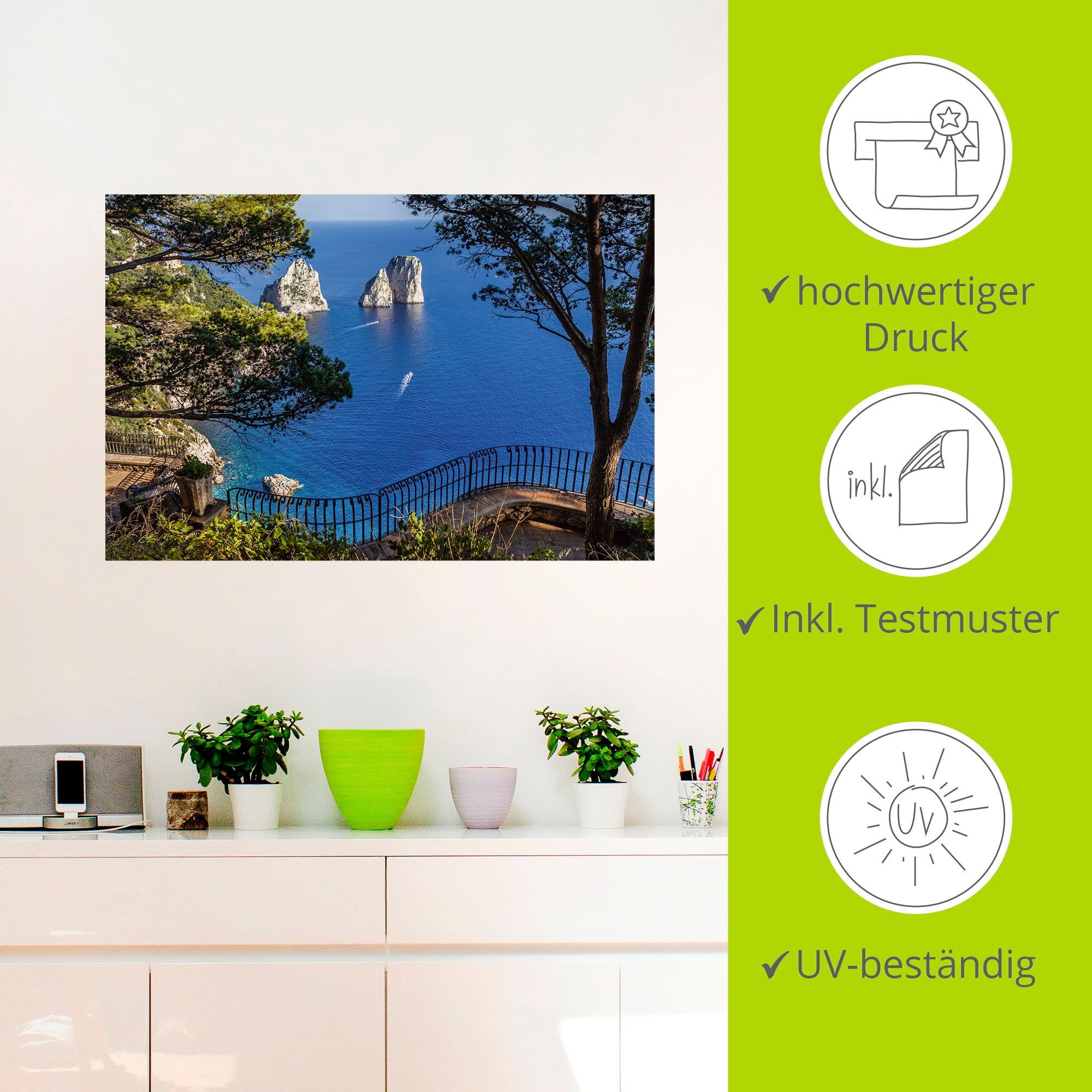 Artland Artprint Faraglione-rots op capri, Italië als artprint van aluminium, artprint voor buiten, artprint op linnen, poster, muursticker