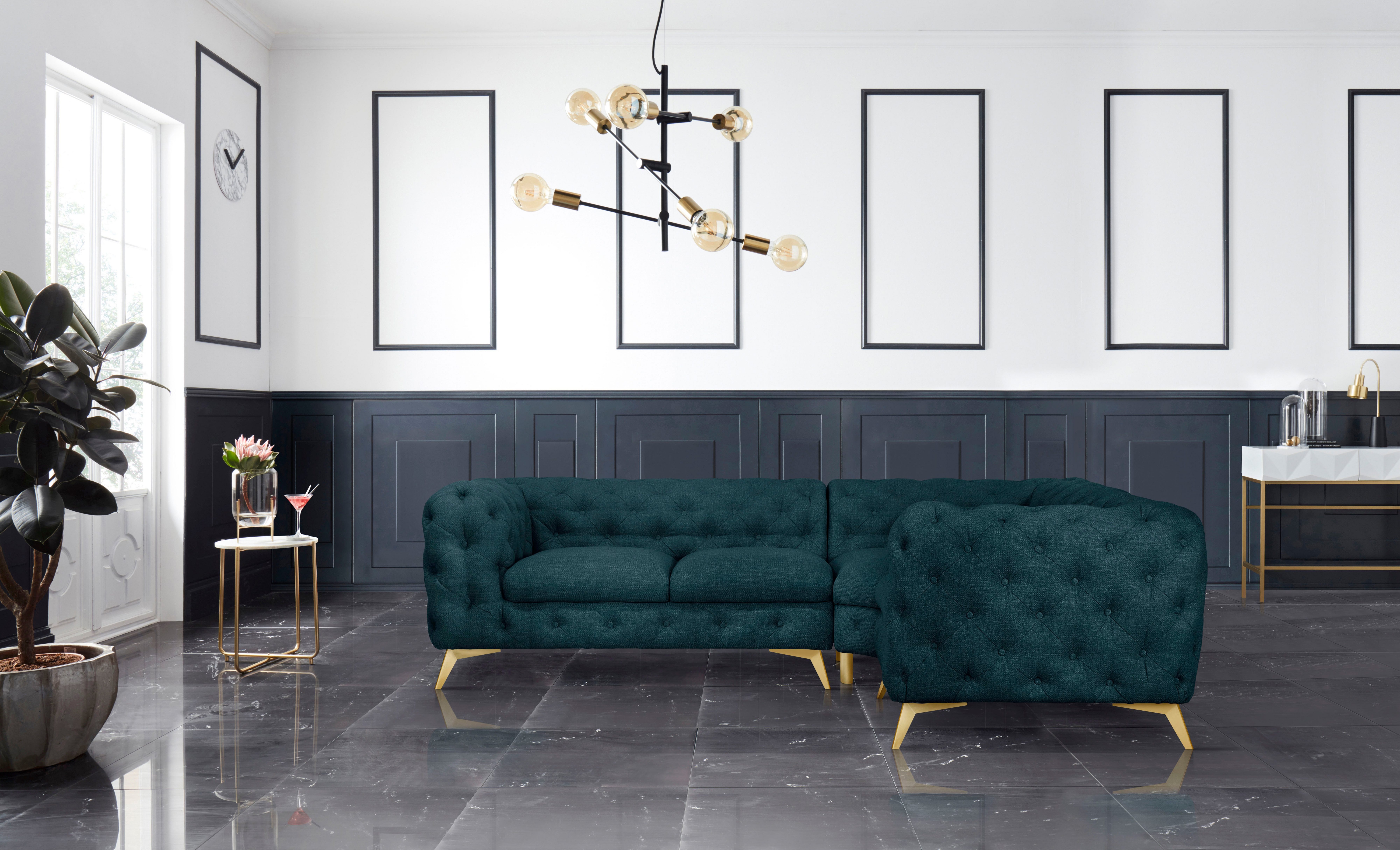 Leonique Chesterfield-bank Glynis L-vorm luxueuze capitonnage, moderne chesterfield look, kleur van de poten ter keuze