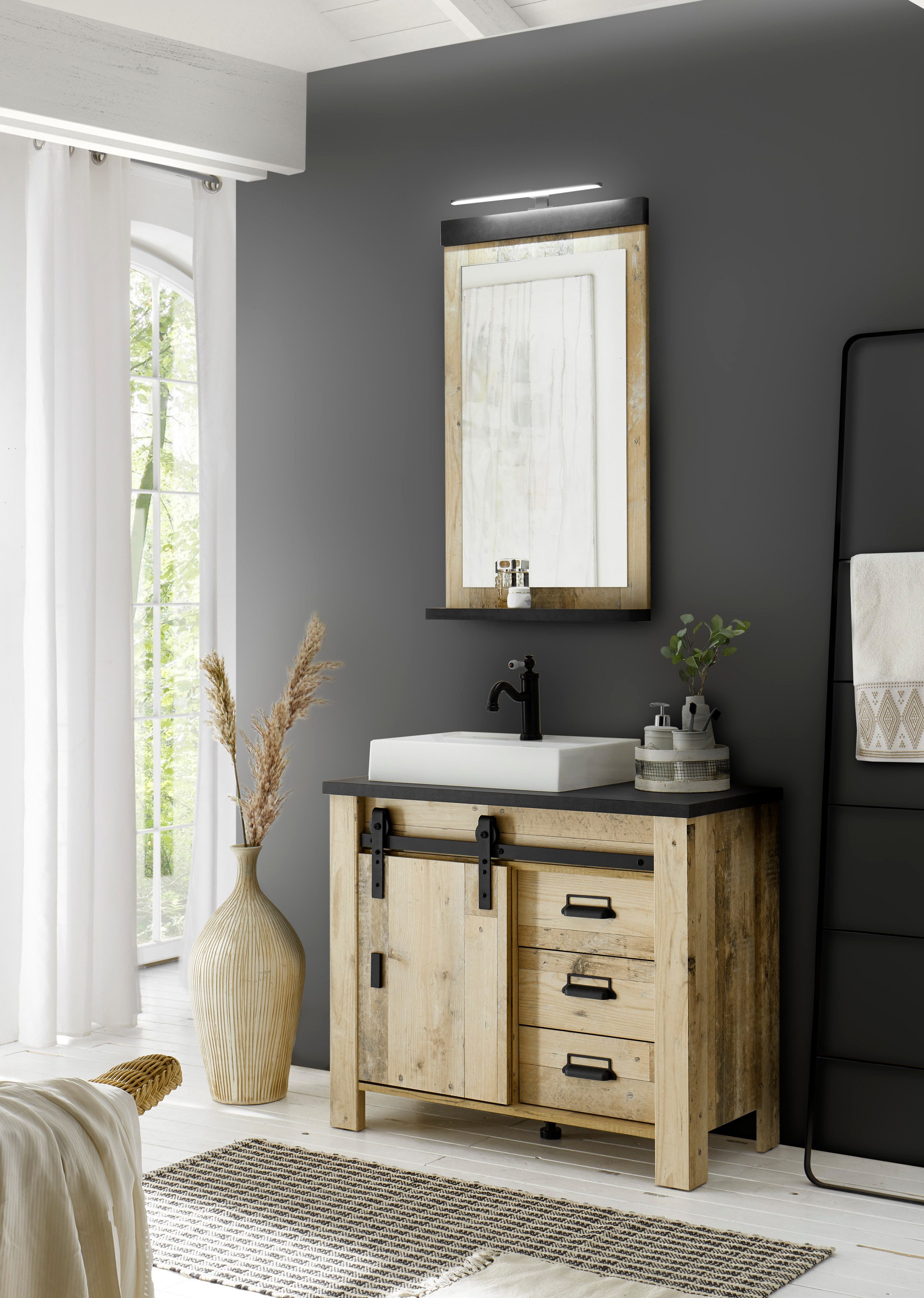Home affaire Wastafelonderkast Sherwood Hout, schuurdeurbeslag en apothekersgrepen van metaal, hoogte 91 cm (1 stuk)