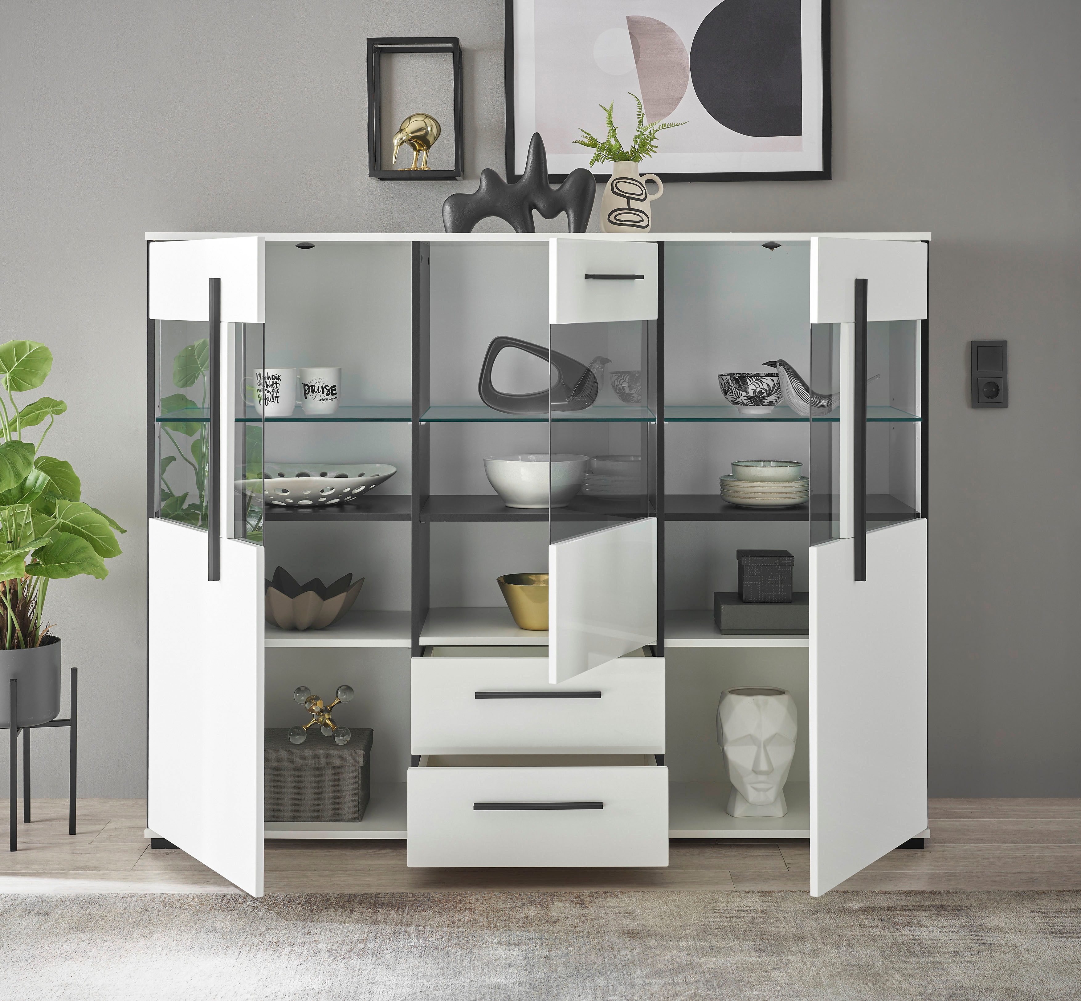 INOSIGN Highboard Cantara, moderne kast, vitrinekast in Eiken decor of wit zwarte stanggreep, voldoende opbergruimte, veelzijdig inzetbaar